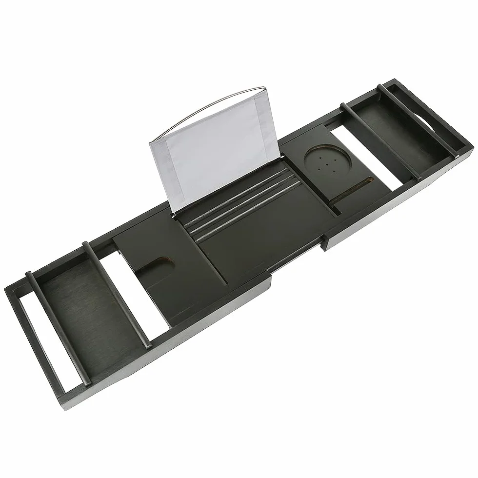 Support pour Serviette de Bain, Verre à vin, étagère de Lecture, Support pour Tablette,Plateau Extensible pour Salle de Bain, Plateau de Baignoire en Bambou Naturel, 70-105cm