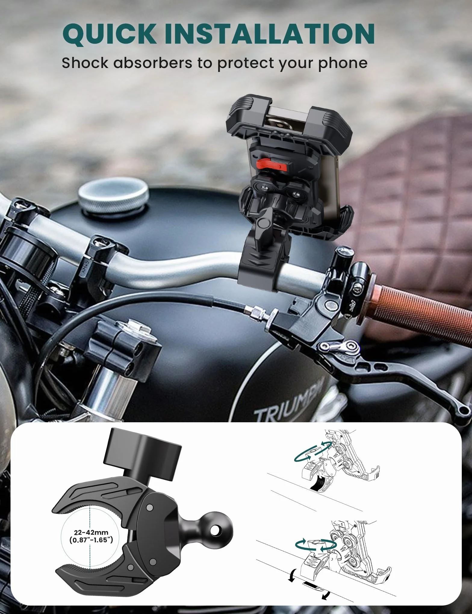 Grefay Uchwyt na telefon komórkowy do motocykla Uchwyt na telefon komórkowy do roweru [2025 Podwójna amortyzacja drgań] Uchwyt na kierownicę do iPhone'a 16 15 14 13 12 Pro Max,smartfon (czarny)