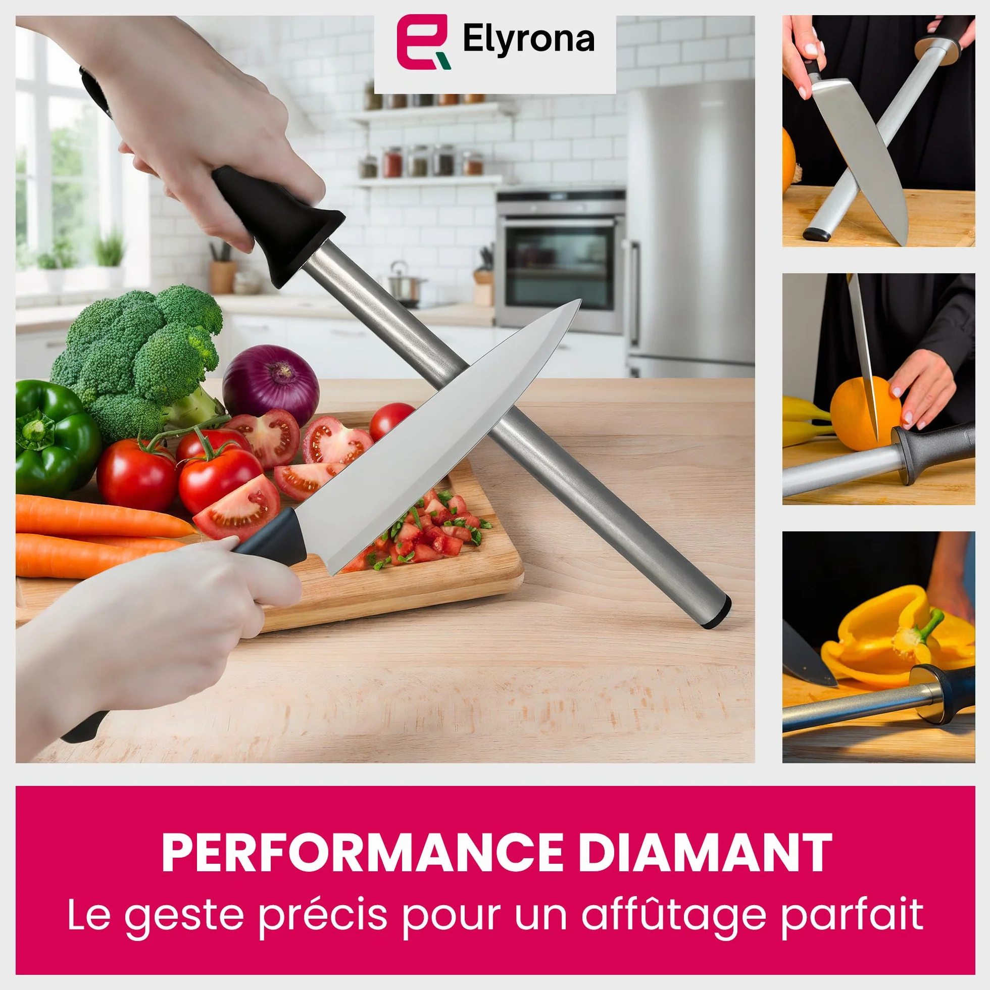 Fusil à aiguiser diamant professionnel 25 cm - aiguiseur couteaux pro - compatible tous couteaux de cuisine
