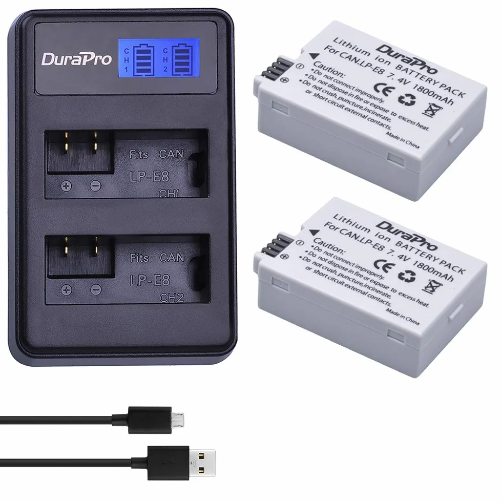 DuraPro 2 szt. akumulator LP-E8 + LED USB Dual ładowarka do Canon LP-E8; Canon EOS 550D, EOS 700D, EOS 600D, EOS 650D, Rebel T2i T3i T4i T5i, Kiss X4 X5 X6i X7i DSLR