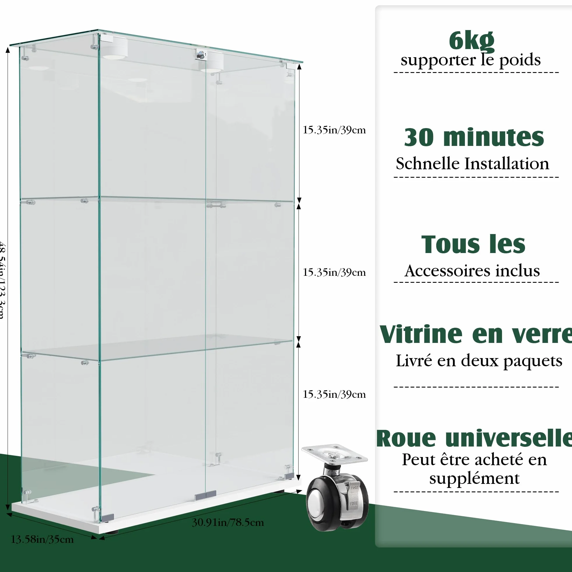 MEXUS Vitrine en Verre avec LED, avec 2 Portes et Serrure de sécurité, Conception à 3 Couches, étanche à la poussière et Facile à Nettoyer, adaptée au Salon, à la Chambre, au Bureau (Blanc)