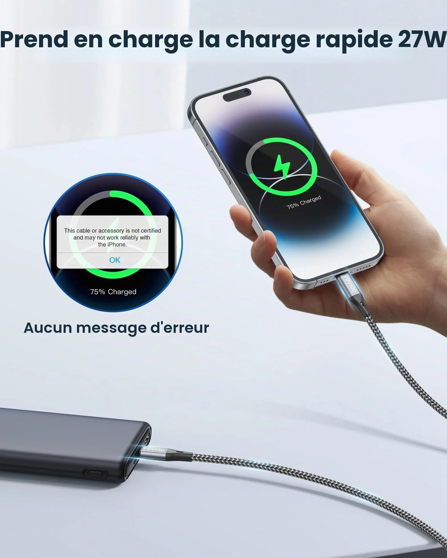 RAVIAD Câble USB C vers Lightning 1M MFi Certifié Charge Rapide Power Delivery Compatible iPhone 14 13 12 11 Pro Max Mini XR XS X 8 7 Plus 6s 6 SE Gris