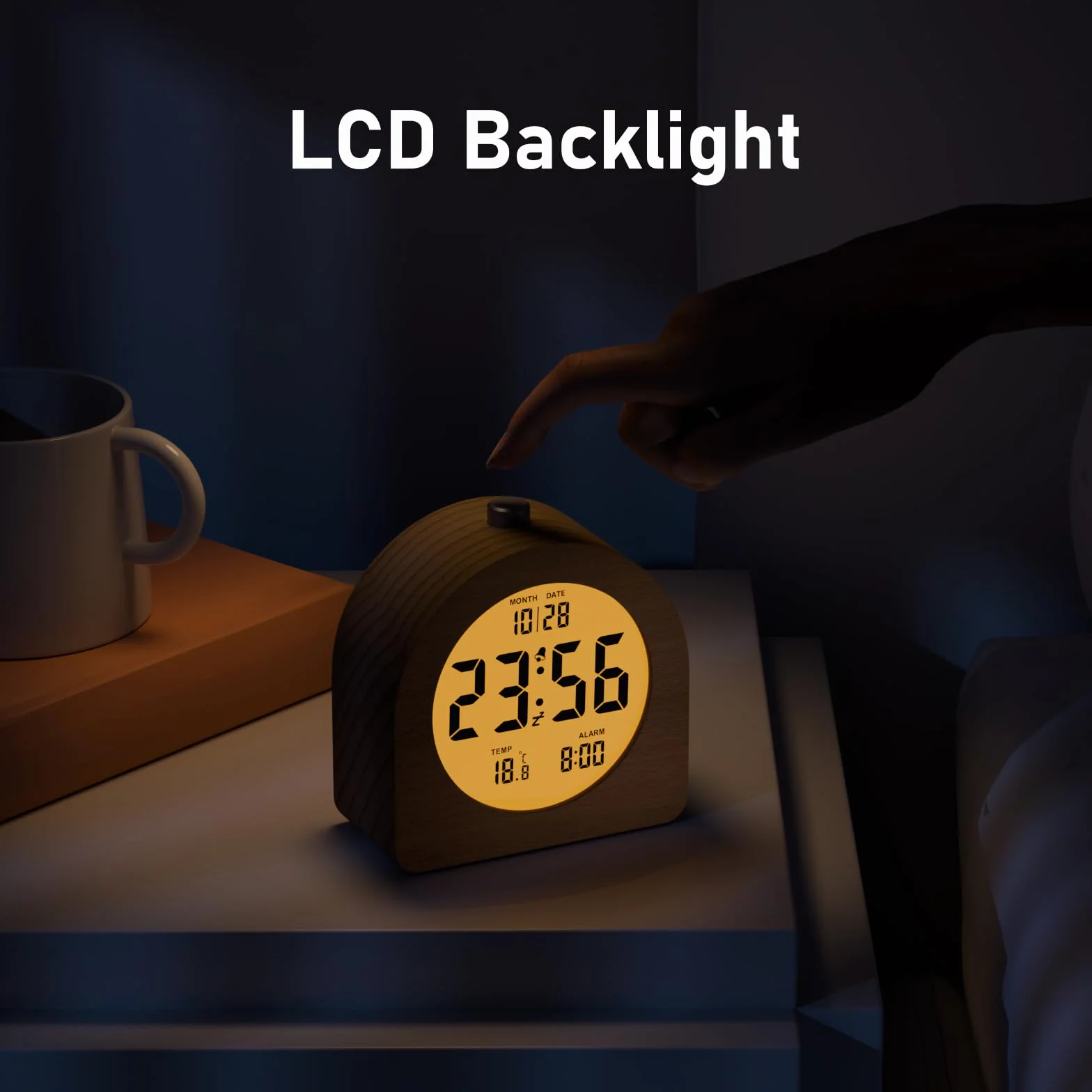 Réveil Numérique en Bois avec Écran LCD, Fonction Snooze, Affichage Date et Température, 12/24H