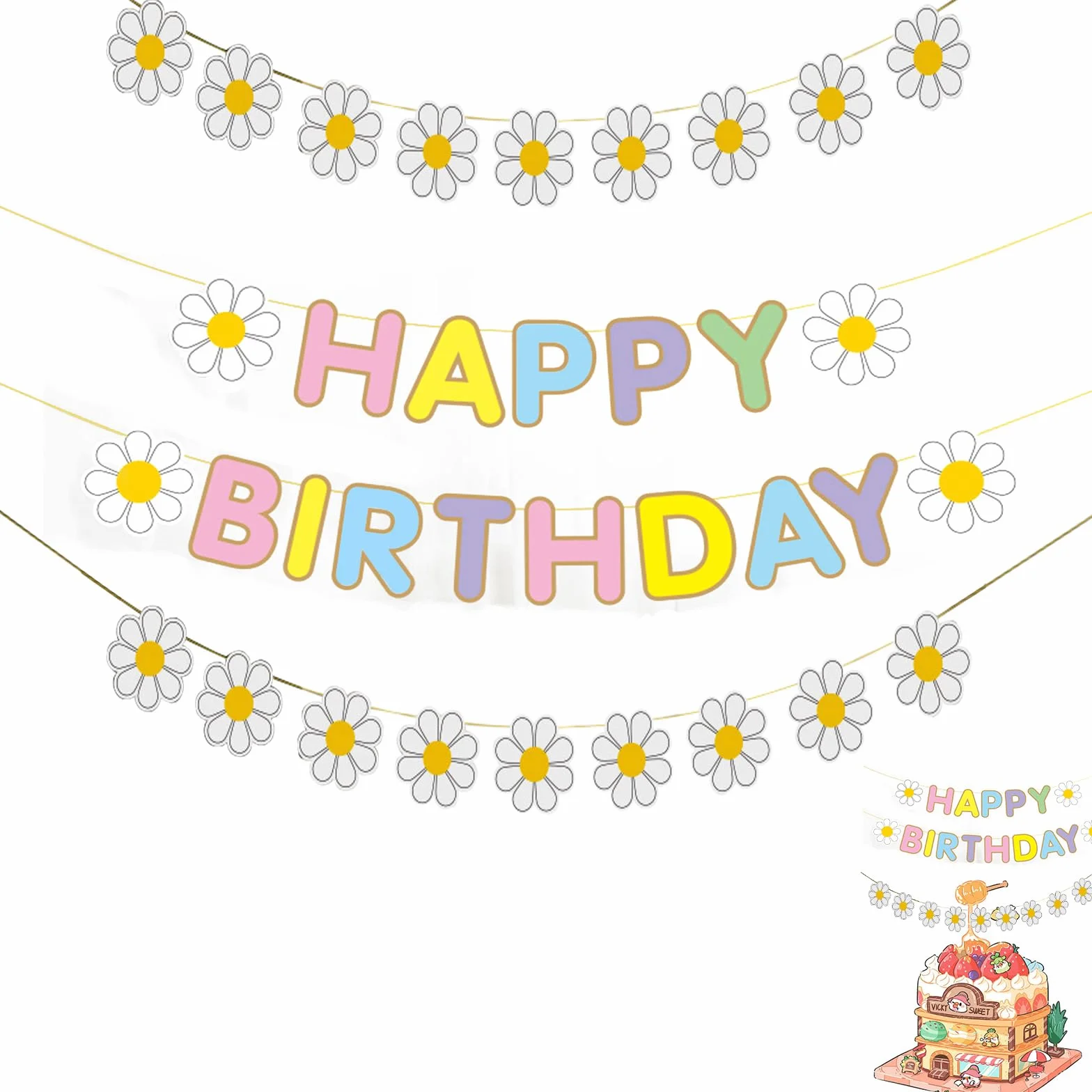 décoration anniversaire pastel bannière joyeux anniversaire 2 guirlandes marguerites arc-en-ciel fête chambre enfant fille boho