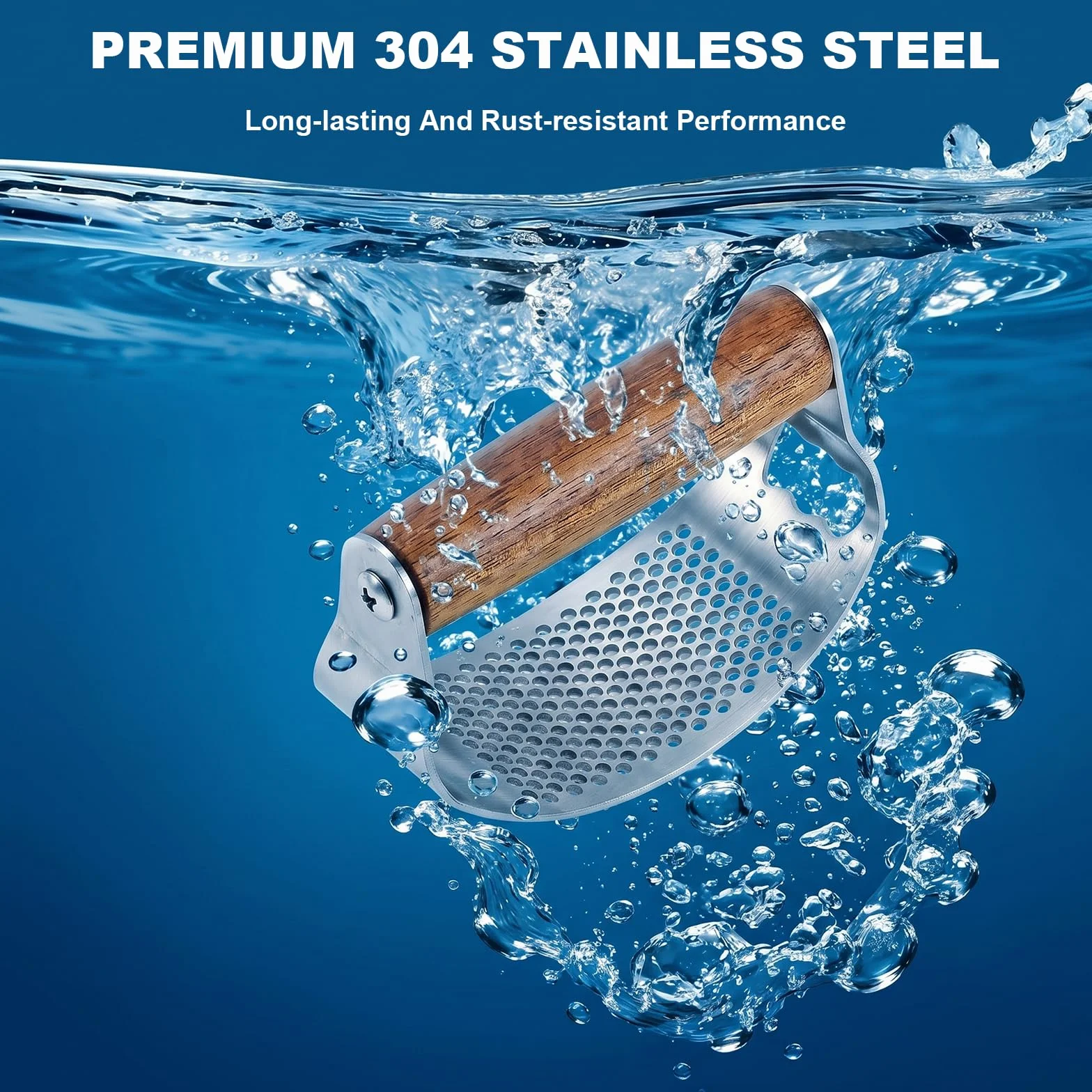 Presse Ail Inox avec Manche Ergonomique en Bois, 2-en-1 Écrase Ail et Décapsuleur, Inclus Éplucheur Silicone