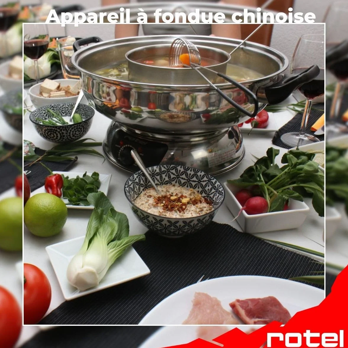 Rotel 1181250 Appareil à fondue chinoise avec fourchettes et épuisettes, appareil à fondue océane, marmite pour fondue chinoise, Acier inoxydable, Verre, Plastique, 39 x 37 x 22,5 cm