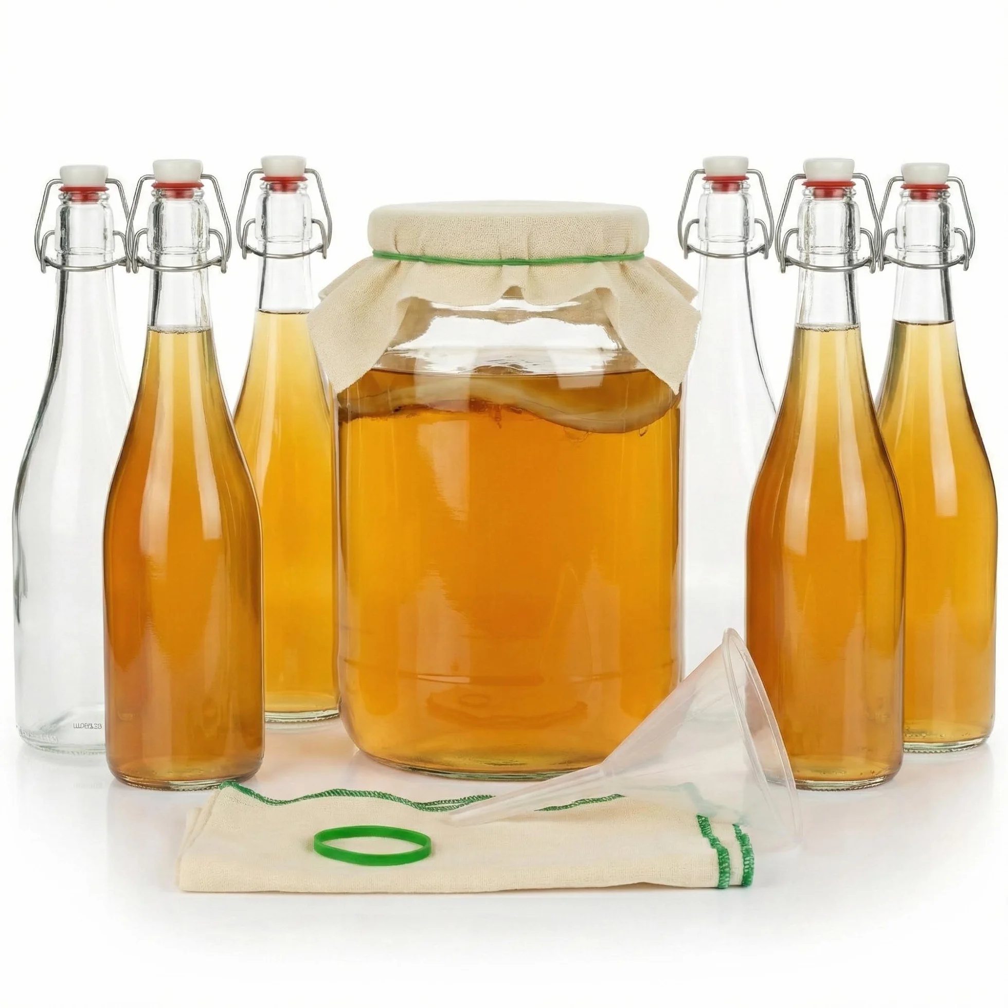 myFERMENTS Kit Préparation Boissons Probiotiques - Set de Fermentation pour Bière, Kefir - 6 Grands Bocaux en Verre de 4L, Bouteille de 750ml avec Joint Hermétique, Entonnoir 10cm, Tissu Mousseline
