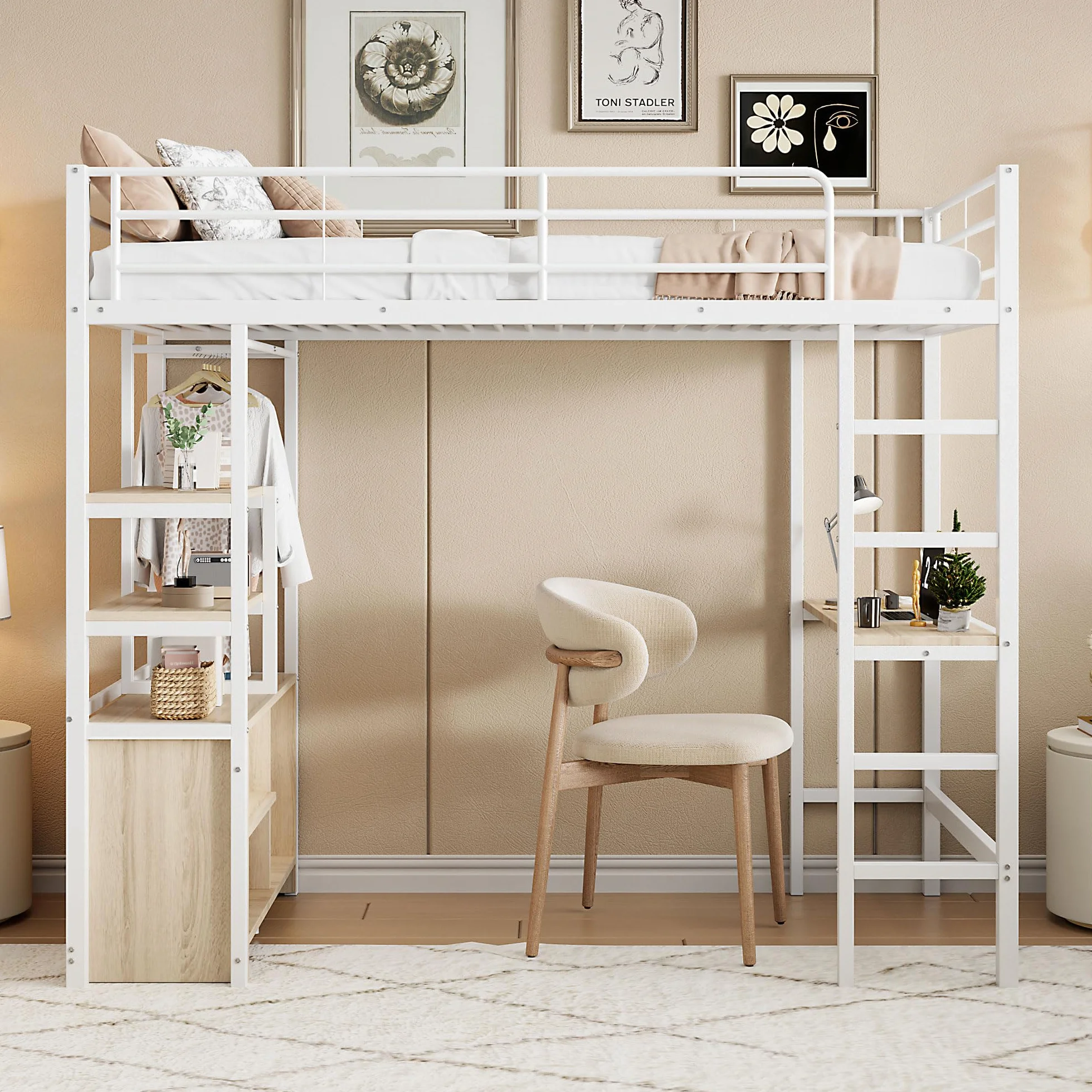 Lit Mezzanine 1 Place 90x200 cm avec USB, Lit Enfant en Métal avec Armoire de Rangement Ouverte, Lit Mezzanine Enfant avec Bureau et Plusieurs étagères, Lit en Hauteur avec échelle et Balustrade