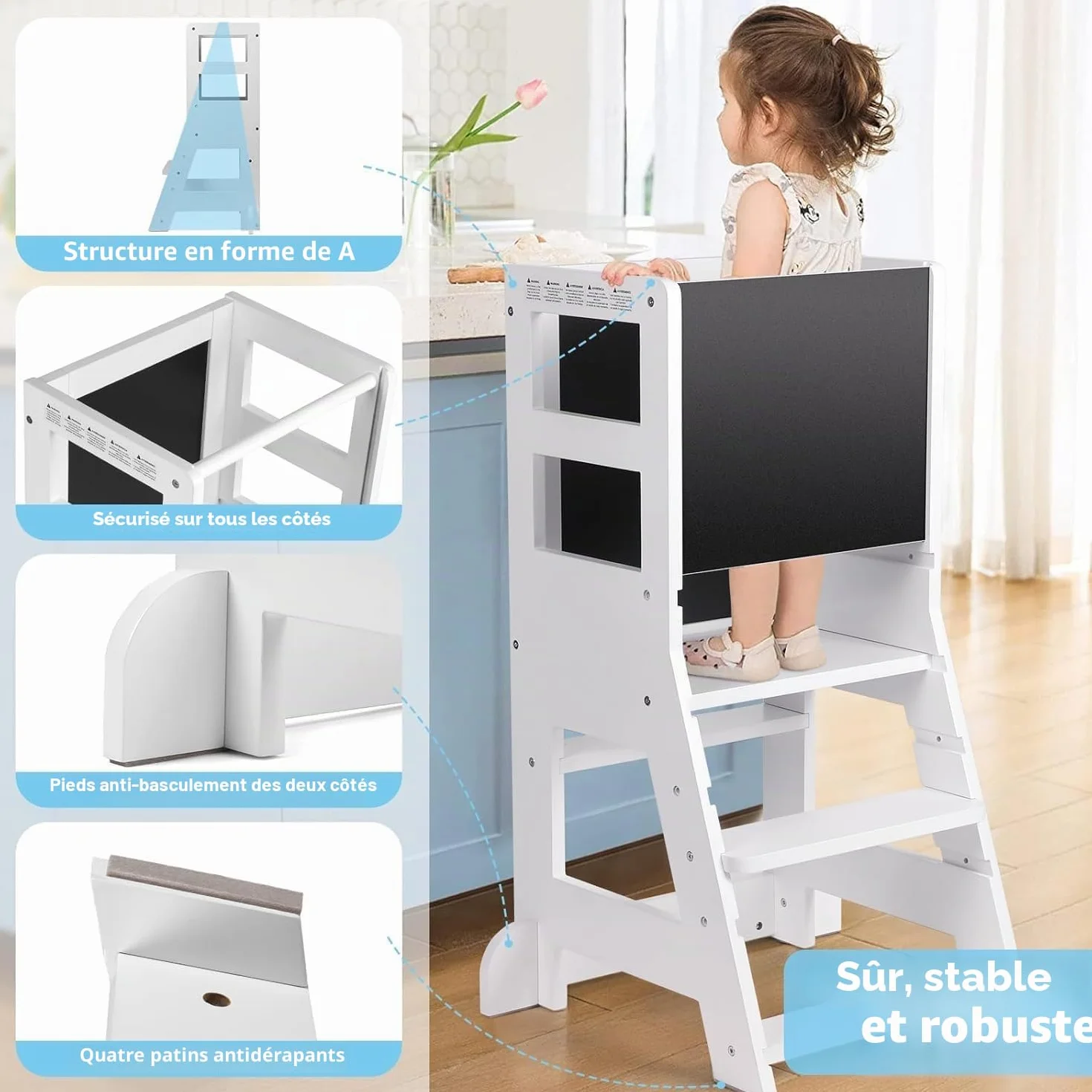 KIDINIX Tour d'apprentissage pour Enfants avec 3 Hauteurs Réglables, Tour d'Observation Montessori, Tableau Blanc Magnétique & Tableau Noir Amovible avec Craies à Partir de 18 Mois, Blanc