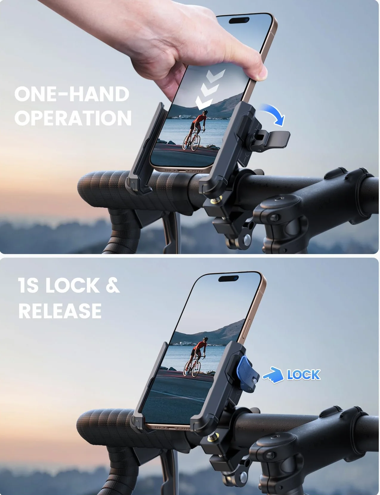 Lamicall Trzymań telefonu rowerowy i motorowy - [Idealny do nagrań wideo]360° obrotowy trzymań telefonu rowerowego,Uniwersalny trzymań na kierownicę, iPhone 16/15/14, Samsung, wszyscy smartfony