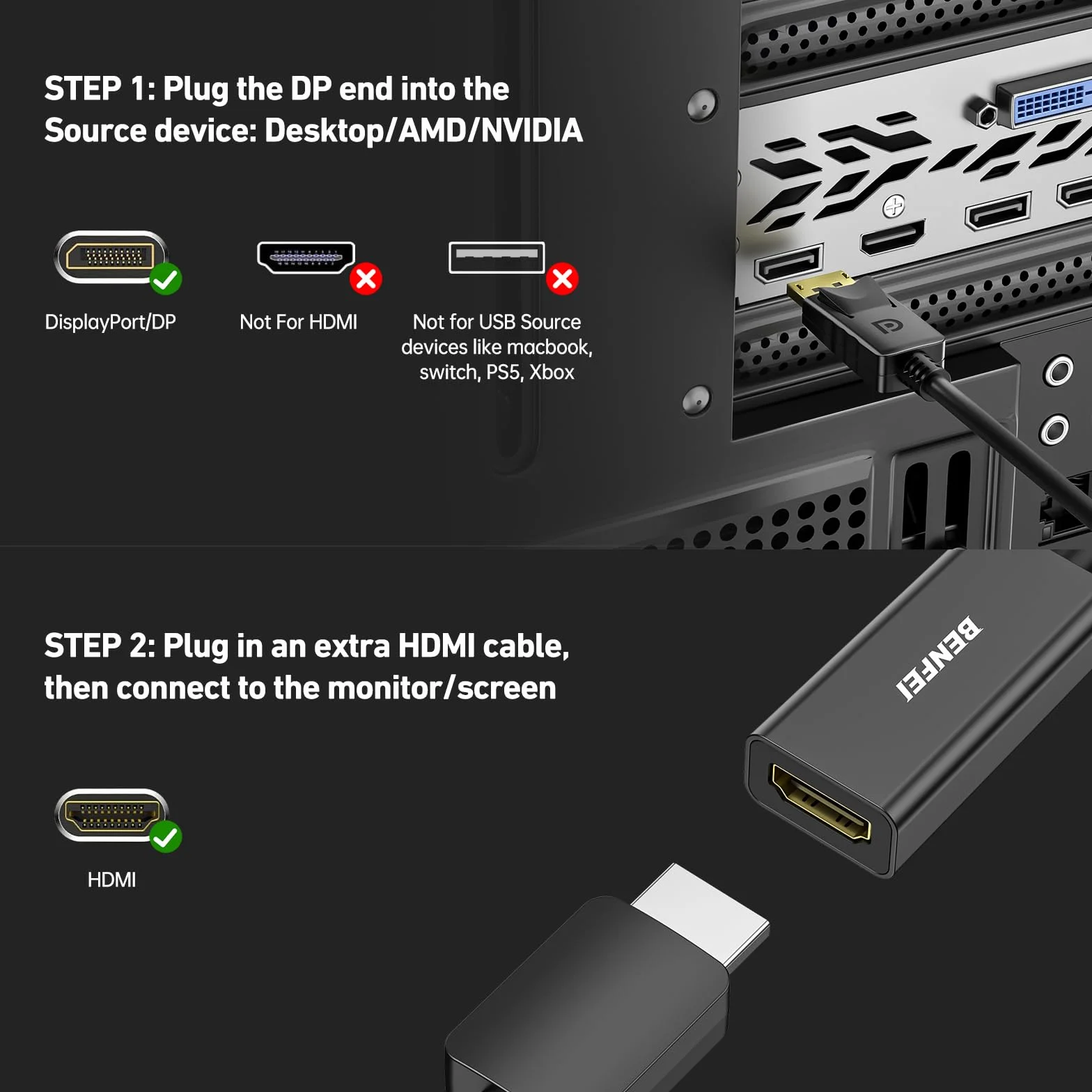 Benfei Displayport Hdmi 000095black Adapter, Czarny, 15 cm