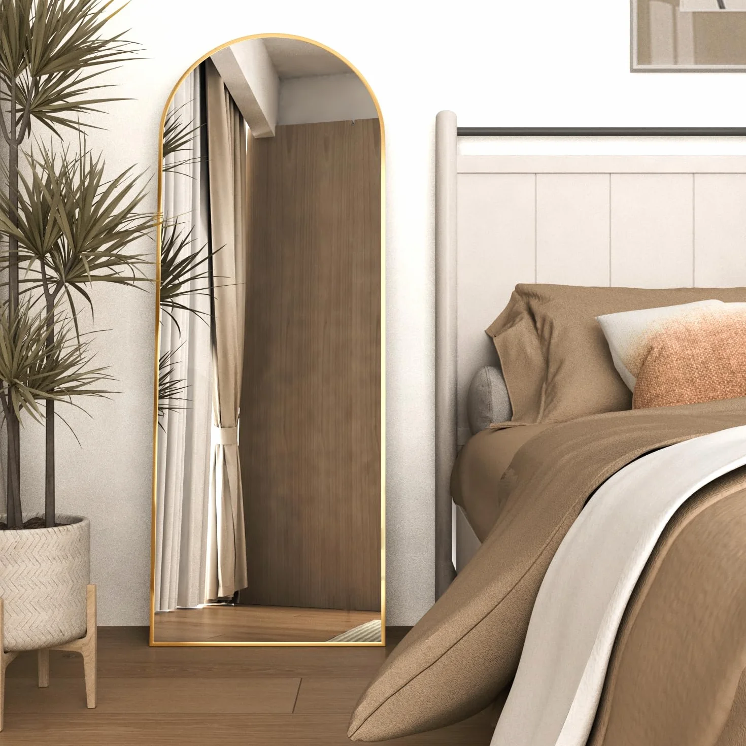 Grand Miroir Pleine Longueur Arqué 162 x 53 cm Doré Mural avec Support Suspendre ou Appuyer