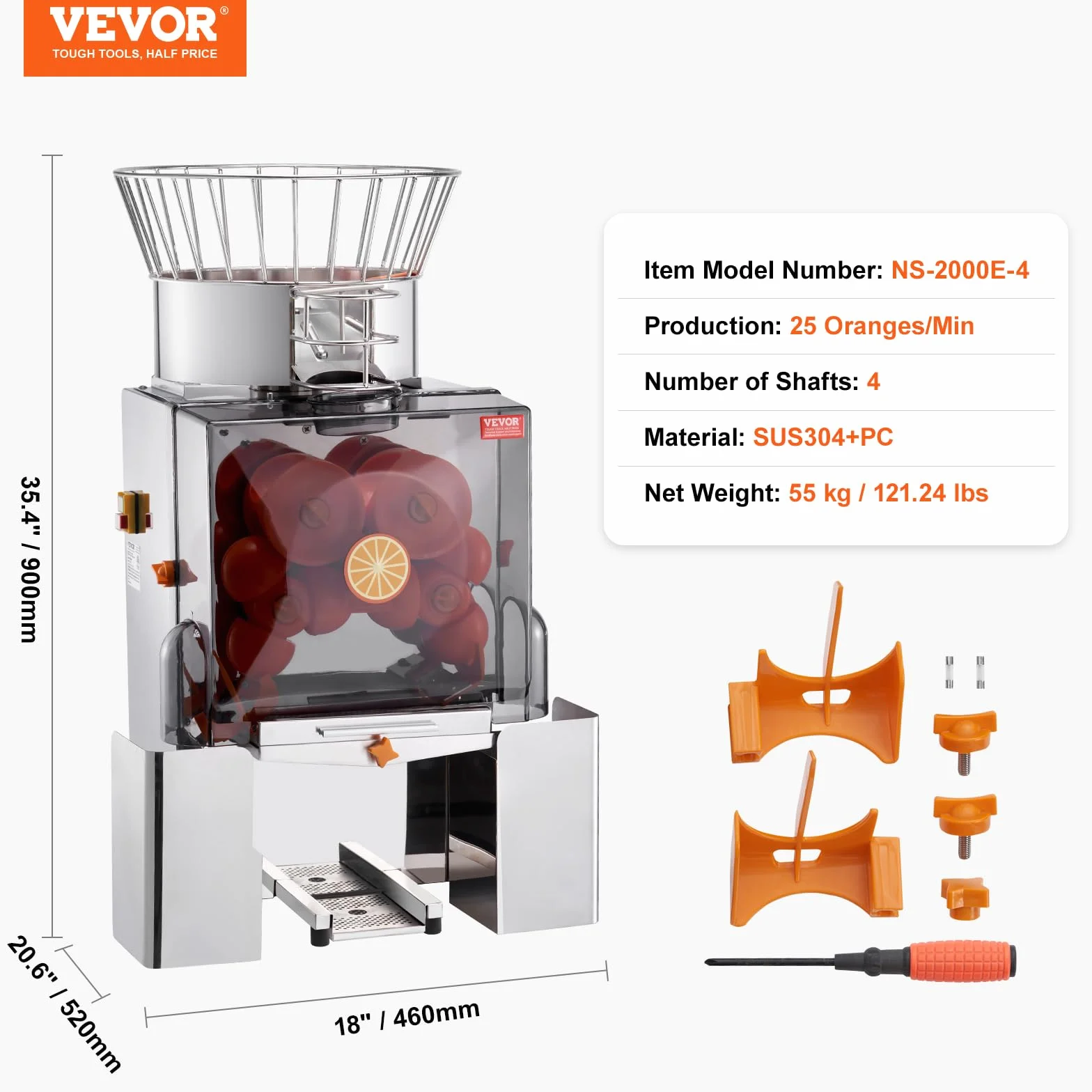 VEVOR Presse-Agrumes Électrique Commercial 120 W Extracteur de Jus Automatique 25 Oranges/min avec Filtre Extractible et Seau de Collecte d'Épluchure pour Orange Pamplemousse Restaurant Café Fruiterie
