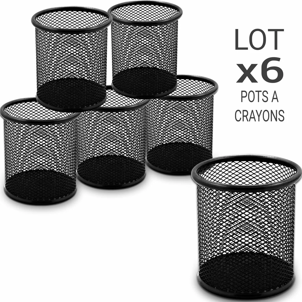Waytex Lot de 6 Pots à Crayons de Bureau en Métal Mesh Noir