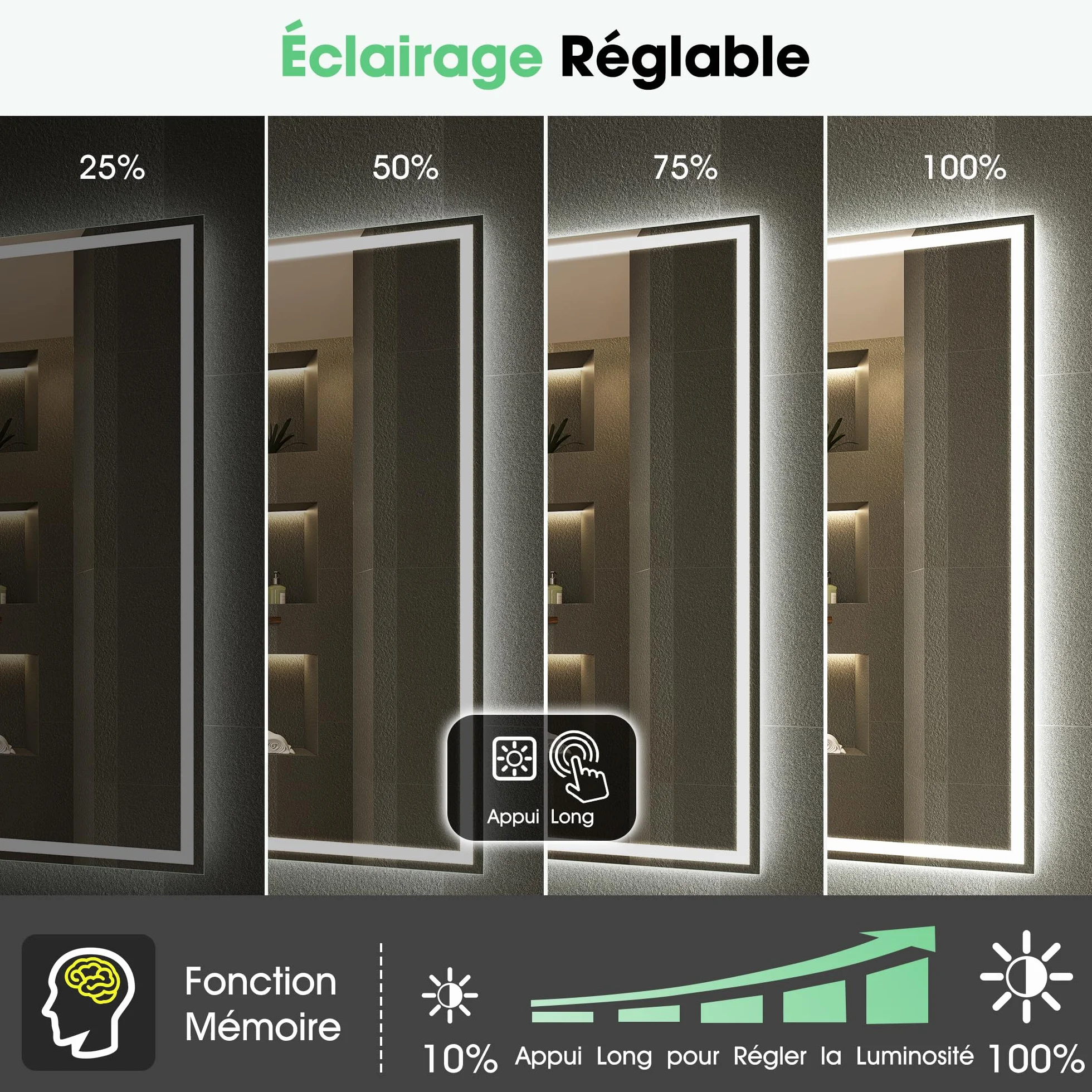 S'bagno Bluetooth-Miroir-Salle-de-Bain-avec-Eclairage-120x70cm, Miroir-LED-Salle-de-Bain Anti-buée, 3000K-6500K, Dimmable, Mémoire, Verre trempé HD, IP44-Miroir-Salle-de-Bain-Led, Horizontal/Vertical