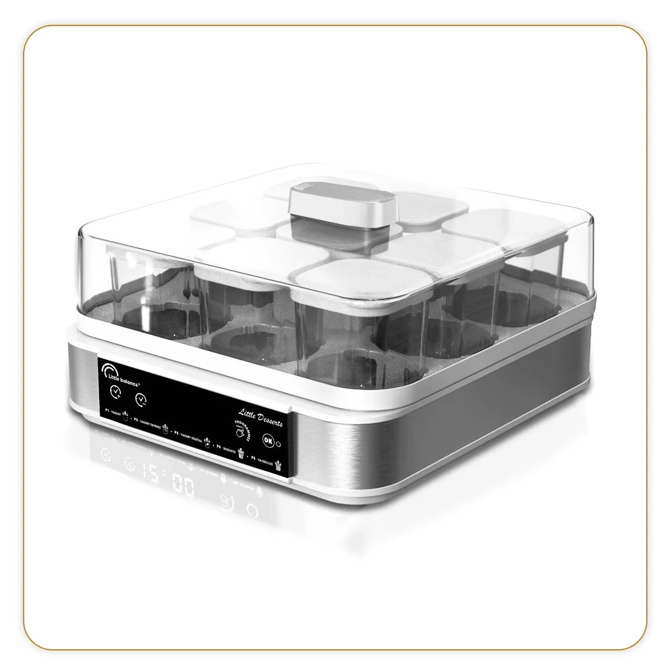 LITTLE BALANCE 8448 Yaourtière Dessertière, Yaourts Desserts Fromages blancs faits maison, 5 programmes automatiques, 9 pots en verre 145 ml, Blanc/inox