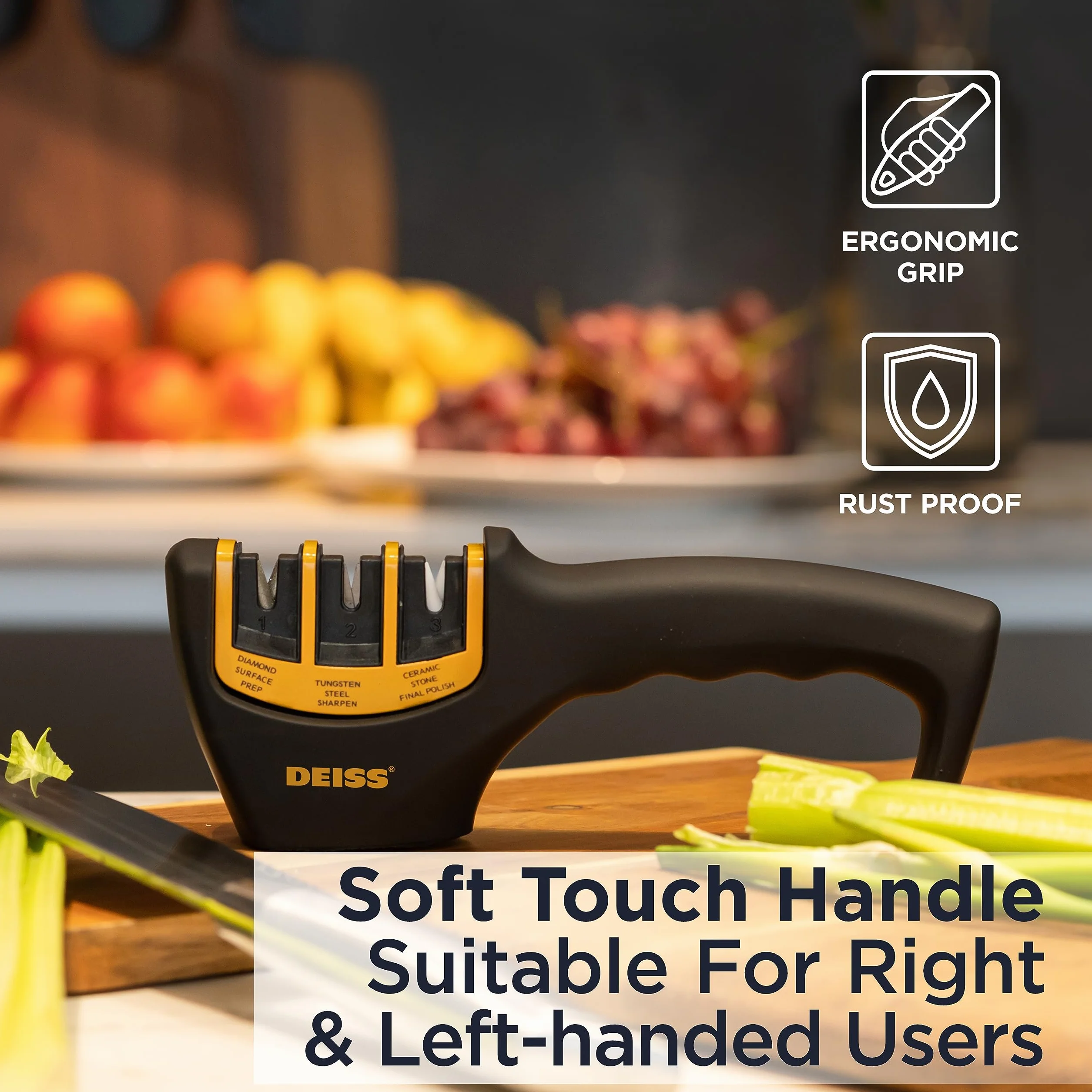 Deiss PRO Aiguiseur de couteaux 3 étapes manuel professionnel pour lames de cuisine, poche, chasse et céramique (ORANGE)