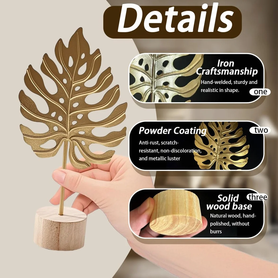 Décorations murales Set de 3 Sculptures Ginkgo Monstera Plume Métal Doré Socle Bois Décoration Intérieur Salon Bureau