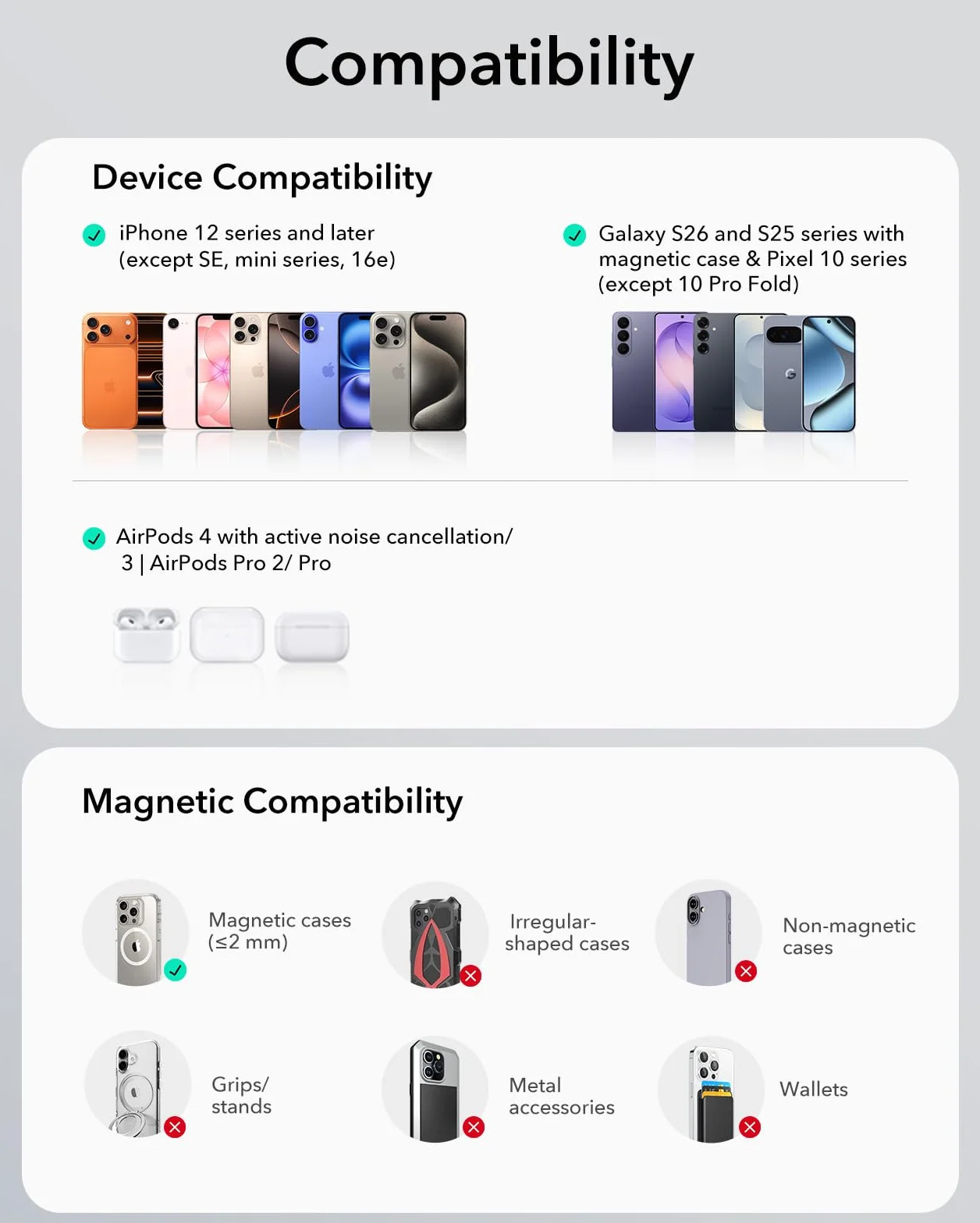 ESR do ładowarki Magsafe 15 W, bezprzewodowa ładowarka do iPhone 17/17e/16/15/14/13/12, AirPods 4/3/2 Pro, Google Pixel 10, Galaxy S25/S26, indukcyjna stacja ładująca z 1,5-metrowym wzmocnionym kablem