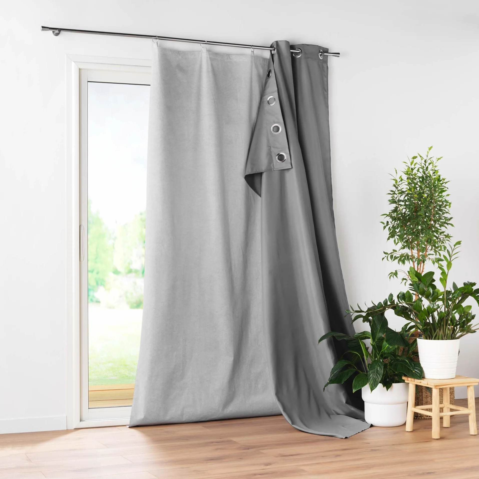 Rideau à Anneaux 130x230 cm Gris Polyester Polyuréthane
