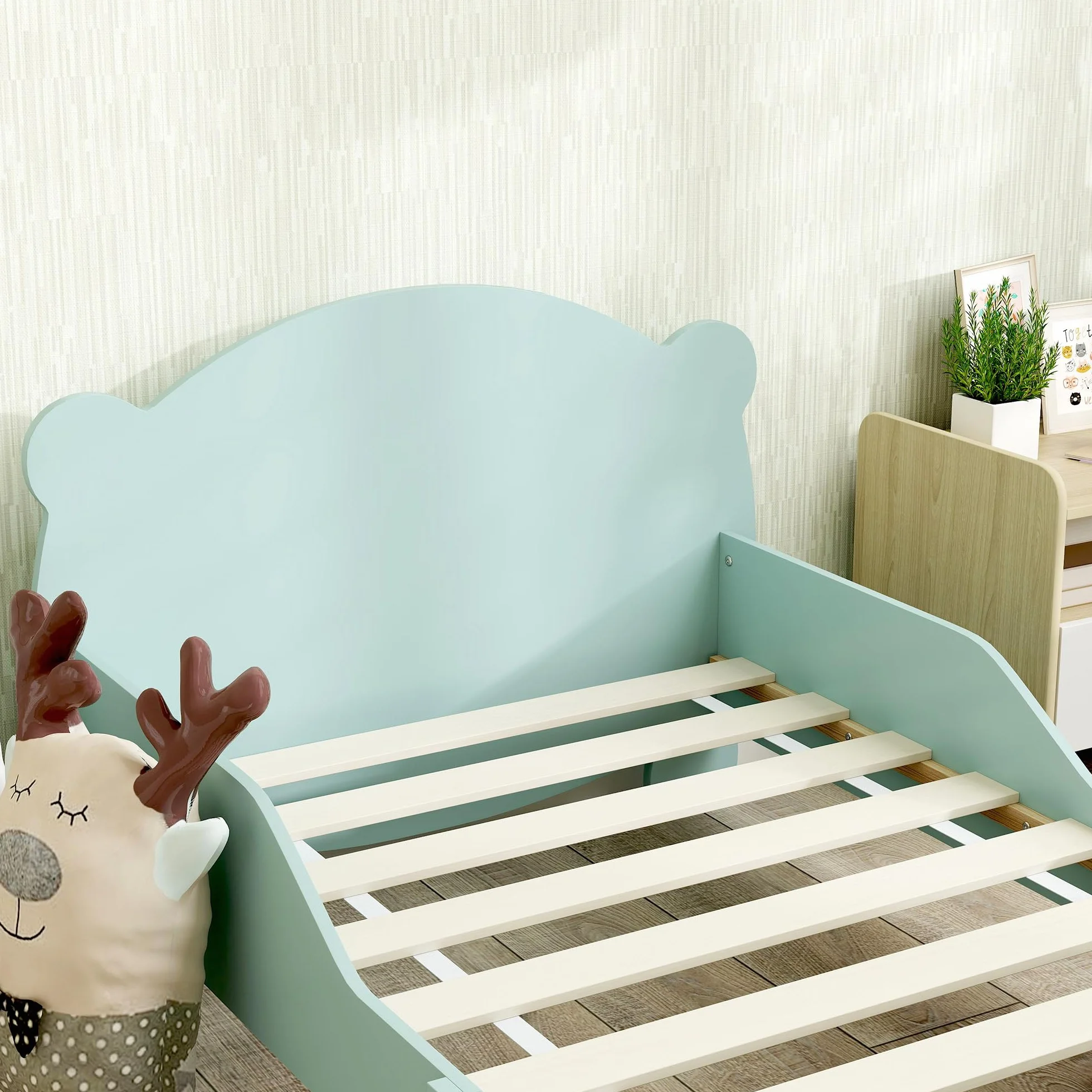 AIYAPLAY Lit Enfant lit au Sol Enfant 70x140 cm avec barrière de sécurité, sommier à Lattes Inclus et décorations d'ours, pour garçons et Filles de 3 à 6 Ans - Vert