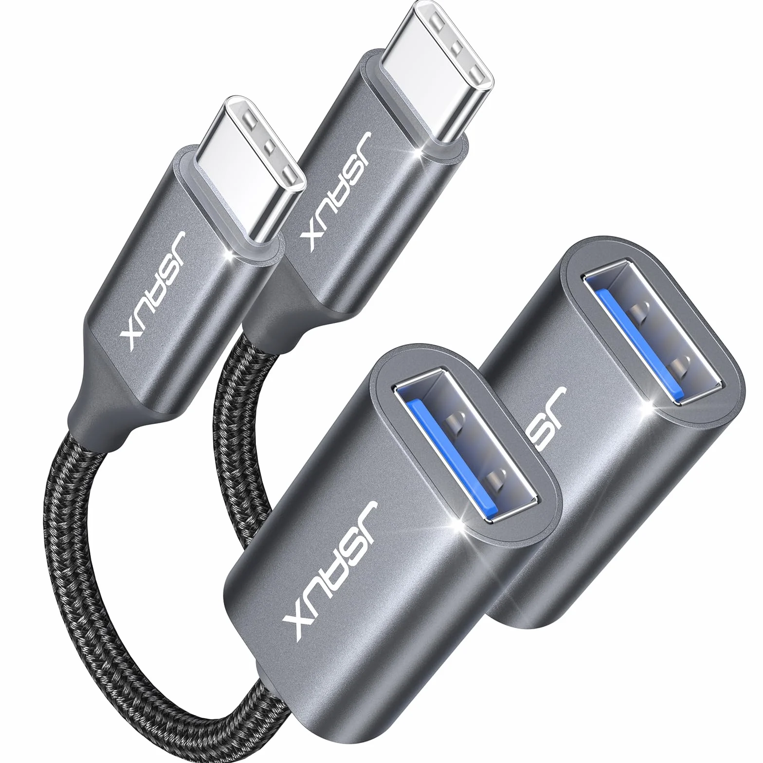 JSAUX Adaptateur USB C vers USB 3.0 Lot de 2 Câble OTG USB Type C Mâle vers USB A Femelle Compatible iPhone 16 Pro Max/15 Pro Max Plus, iPad Pro, MacBook Pro/Air, Galaxy S24/S23/S22 Ultra Gris