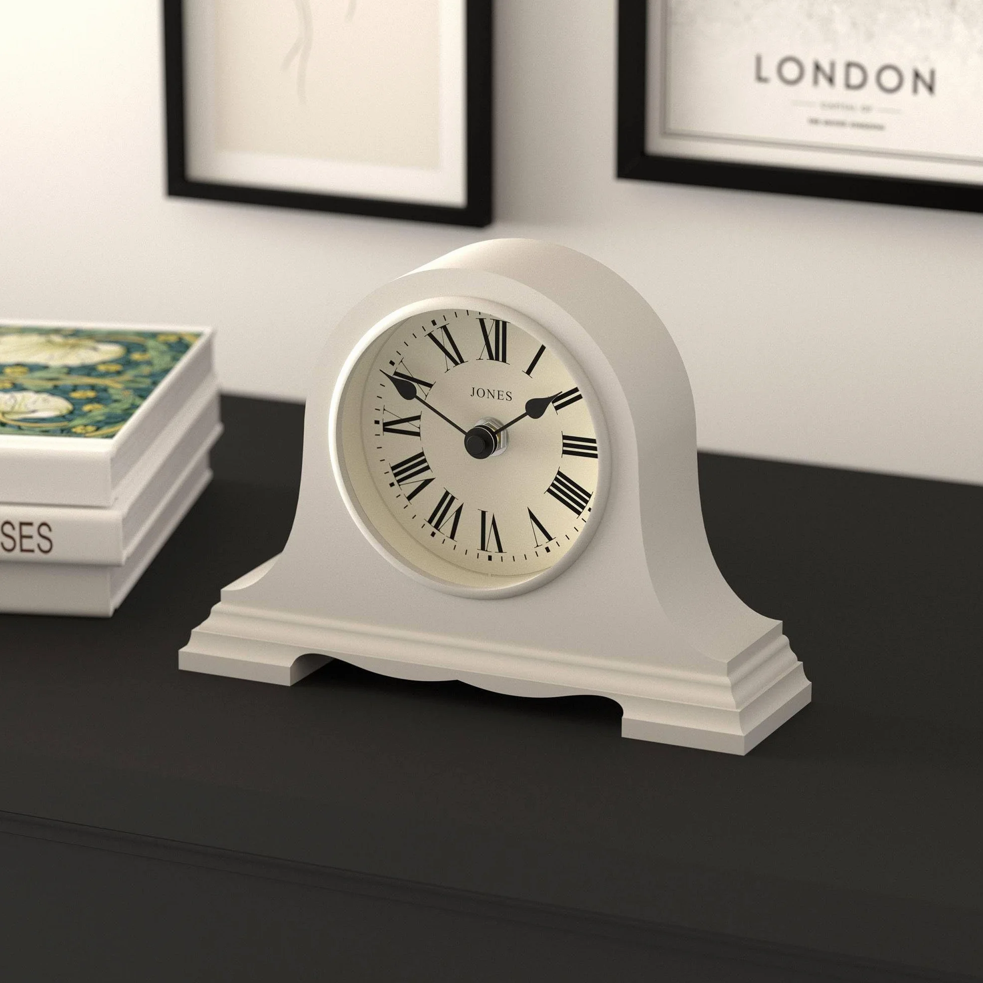JONES CLOCKS® Speakeasy Petite Horloge à Cheminée, Conception Chapeau de Napoléon, Chiffres Romains, Grey