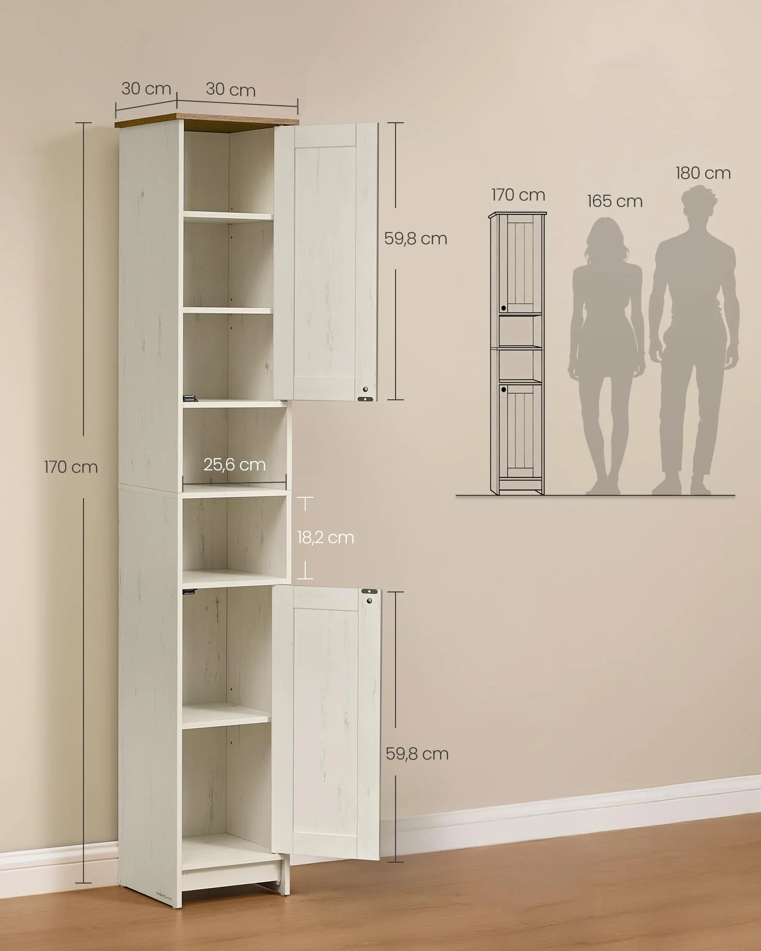 SONGMICS HOME Meuble de Salle de Bain Haut, Assemblage Ultra-rapide sans Outils Toolless, Colonne de Rangement, avec Étagères Réglables, pour Salon, Entrée, 30 x 30 x 170 cm, Blanc Rustique BBC667WJ01