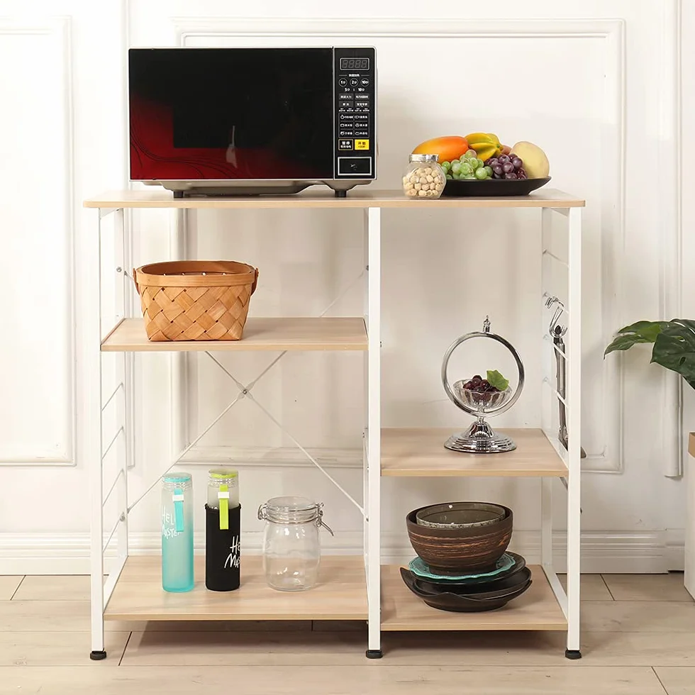 SogesHome Meuble de Rangement Étagère Cuisine Étagère de Boulangerie Support pour Four à Micro-Ondes avec Petits Crochets pour Cuisine, 90 x 40 x 83 cm