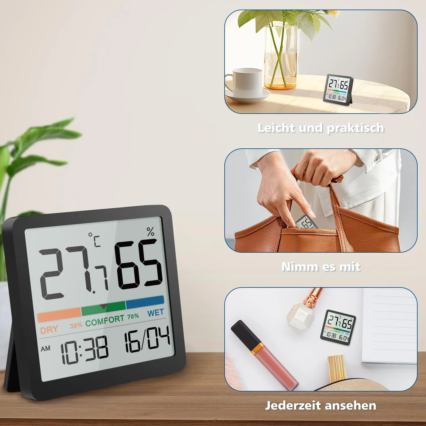 NOKLEAD Thermomètre d'ambiance numérique Hygromètre d'intérieur avec date horloge Indicateur de confort Noir