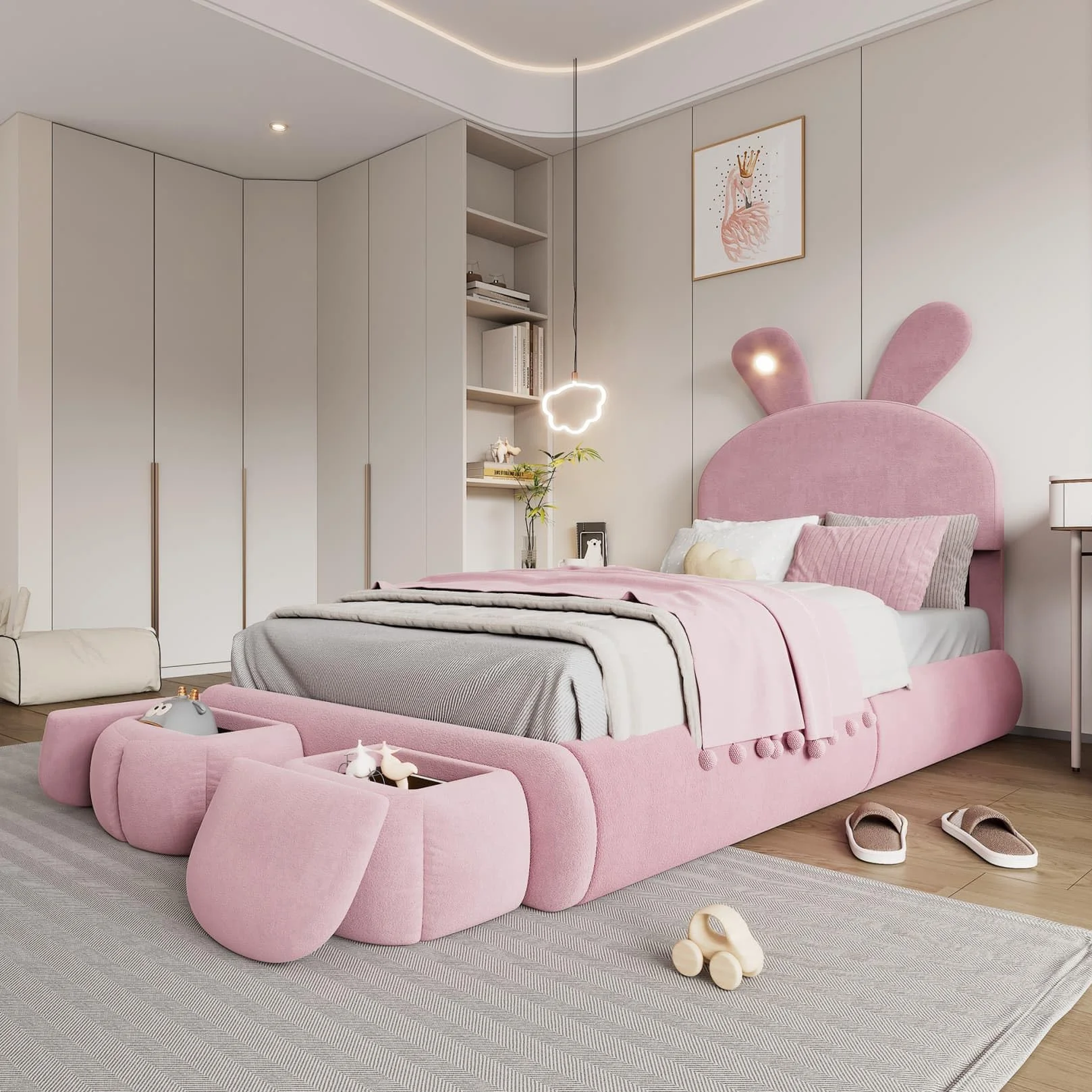 PUGSDRLY Lit Enfant 90x200 cm Lapin,Lit Une Place Rembourré avec LED Réglable,2 Bancs de Rangement,Tête Réglable,Sommier à Lattes,pour Filles,Garçons,Velours(Rose, 90x200)