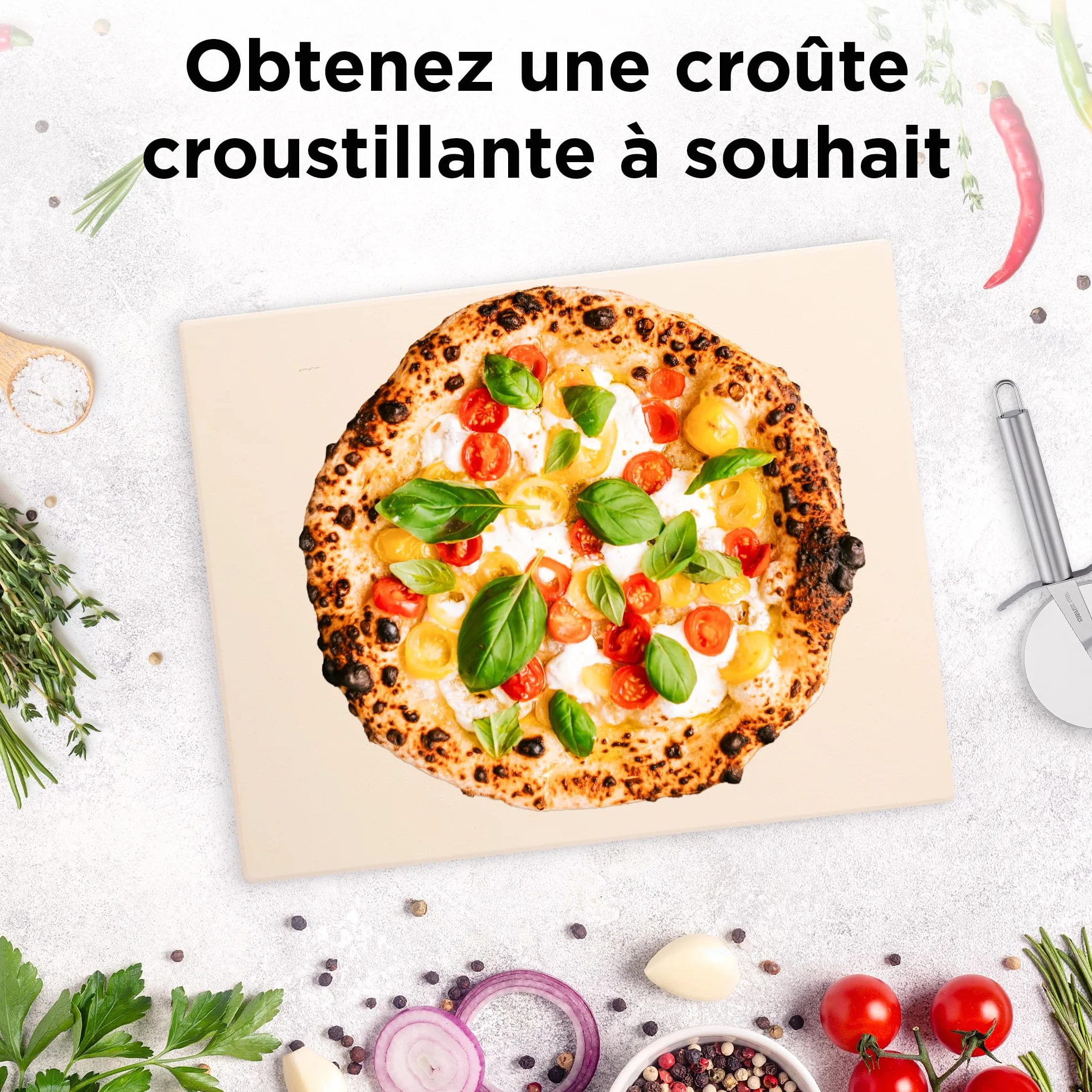 Pizza Lover Kit de pierres à pizza de qualité supérieure pour four et barbecue - 4 en 1 - Avec pelle à pizza perforée (anodisée dure) + pierre à pizza jusqu'à 800 °C en cordiérite + roulette à pizza