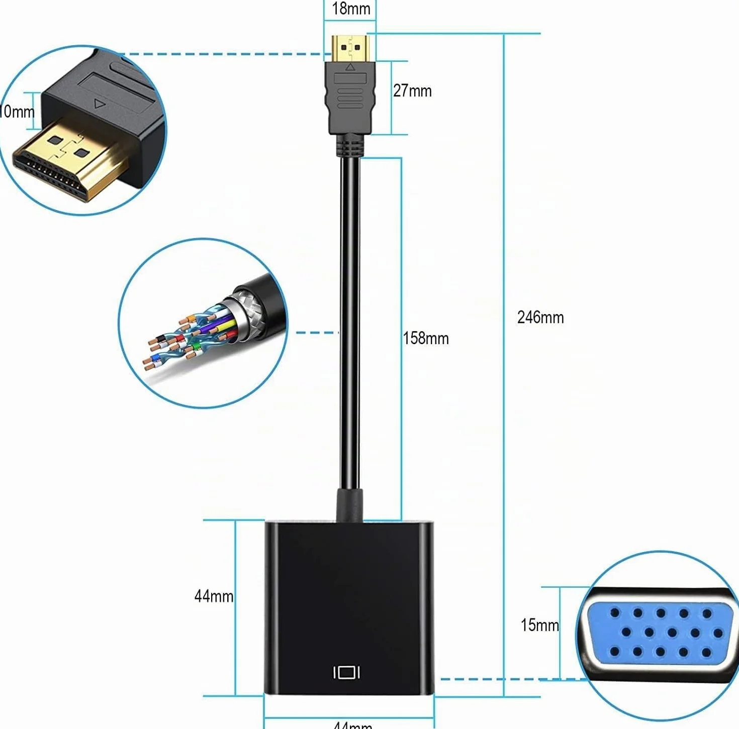 Adaptateur HDMI vers VGA plaqué or mâle femelle compatible PC moniteur projecteur HDTV