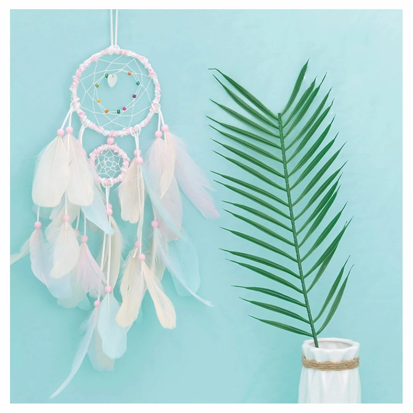 Boho Attrape-Rêves avec Plumes, Dream Catcher 3D Décoration Murale Rose