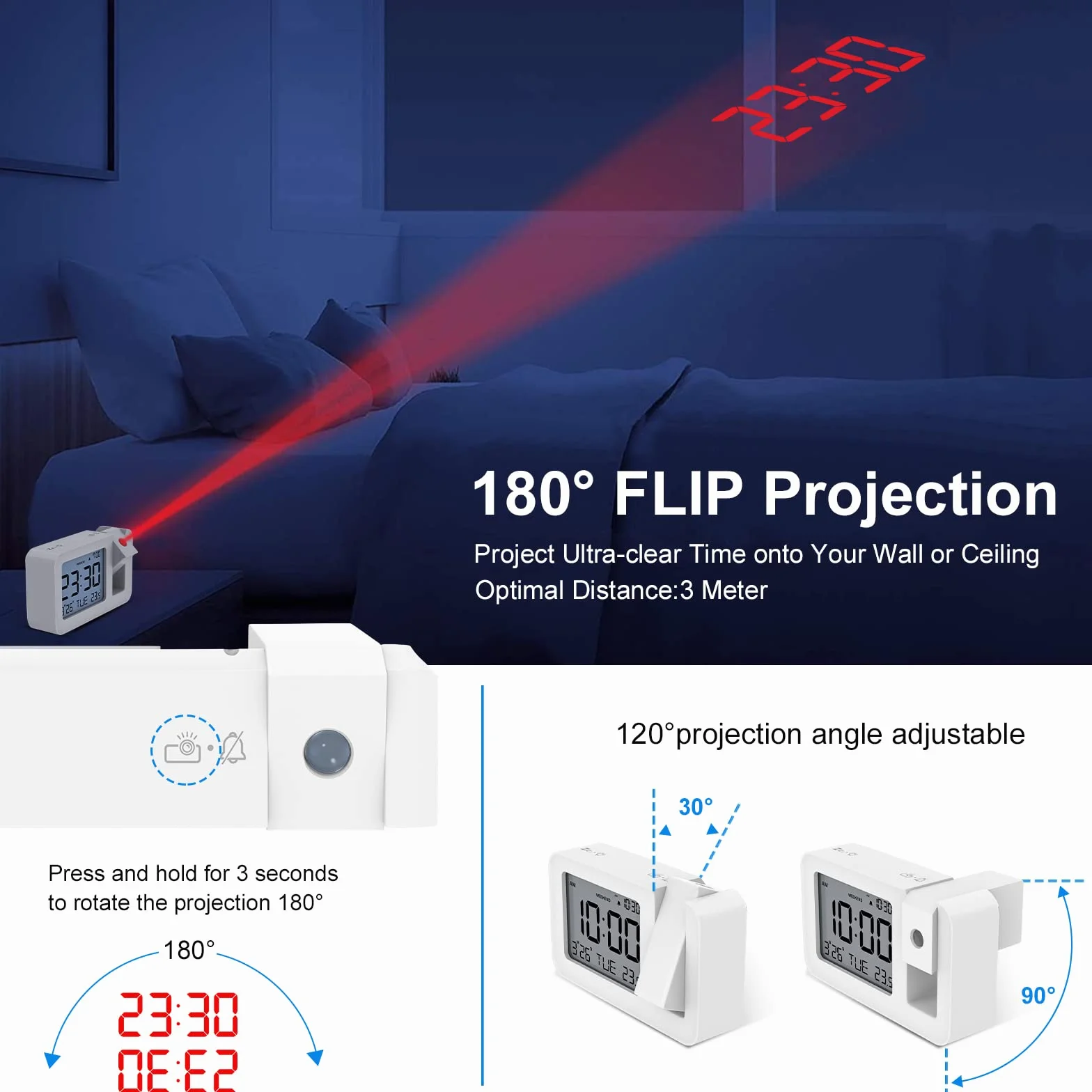 Projecteur Plafond Réveil Numérique avec Température Intérieure, 4 Niveaux Luminosité, Réglage 12/24H pour Chambre