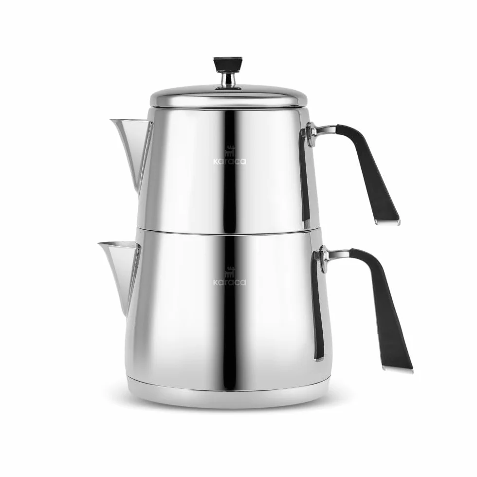 Karaca Fiona Set de Théière Turque en Acier Inoxydable, Bouilloire 2L, Théière 1L, Poignées Résistantes à la Chaleur, Finition Poli, Turkish Teapot & Caydanlik, Compatible Induction, Noir