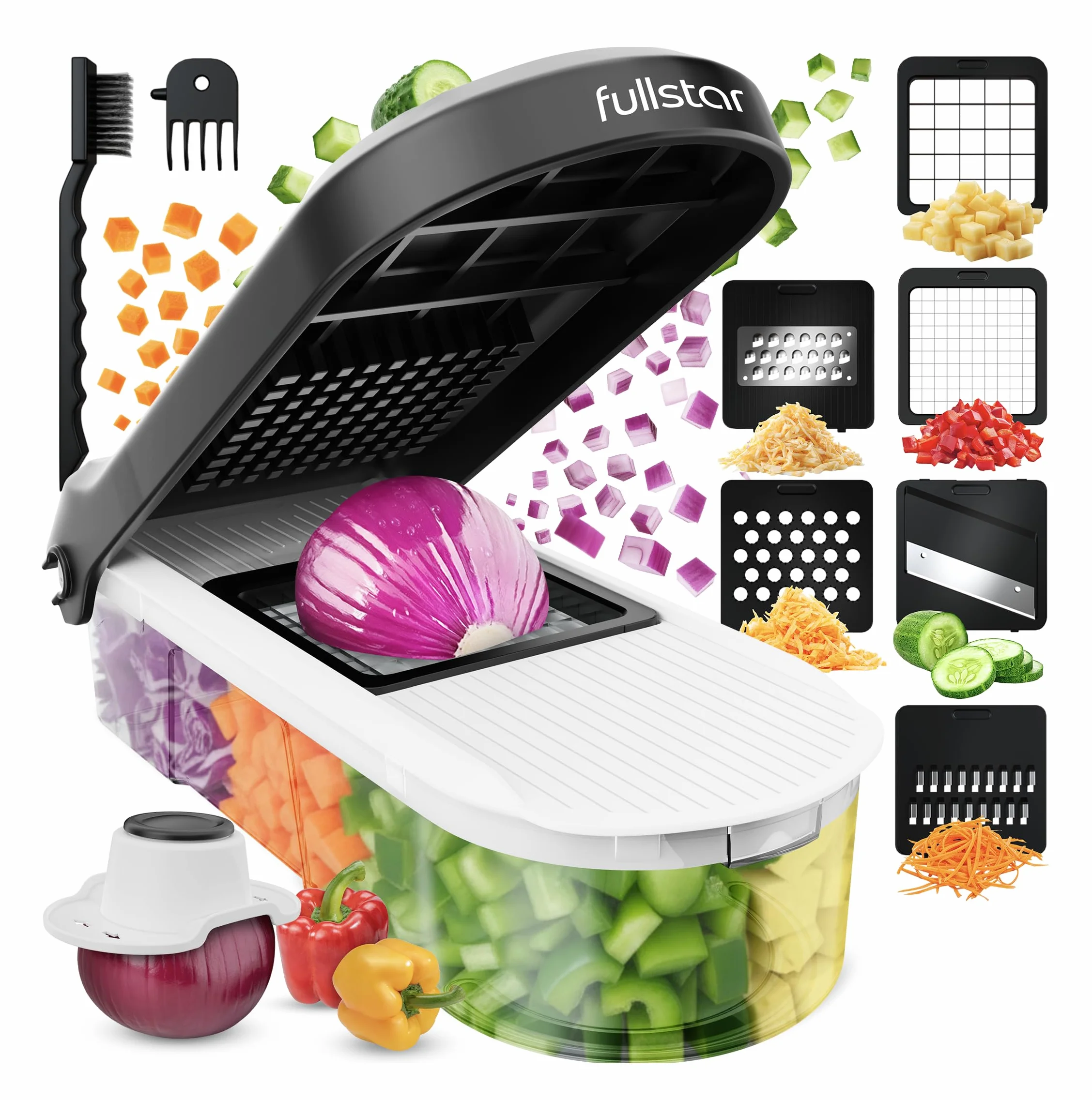 Fullstar Coupe Légumes Multifonctions Mandoline 6-en-1 Blanc - Trancheur Découpe Cube Oignons Carottes Concombres Frites Fruits