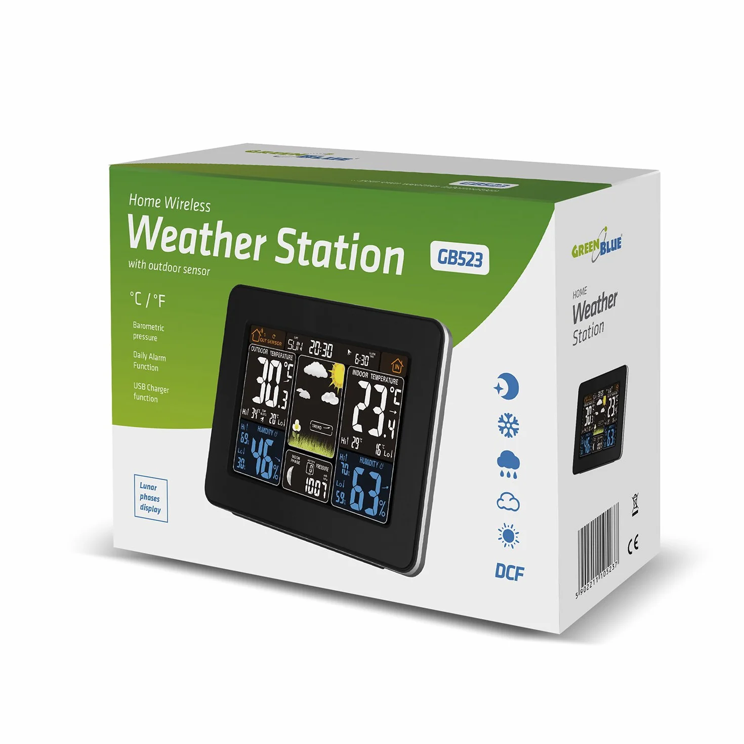 Station météo sans fil GreenBlue GB523 avec alarme sonde extérieure réveil baromètre thermomètre phases de lune DCF