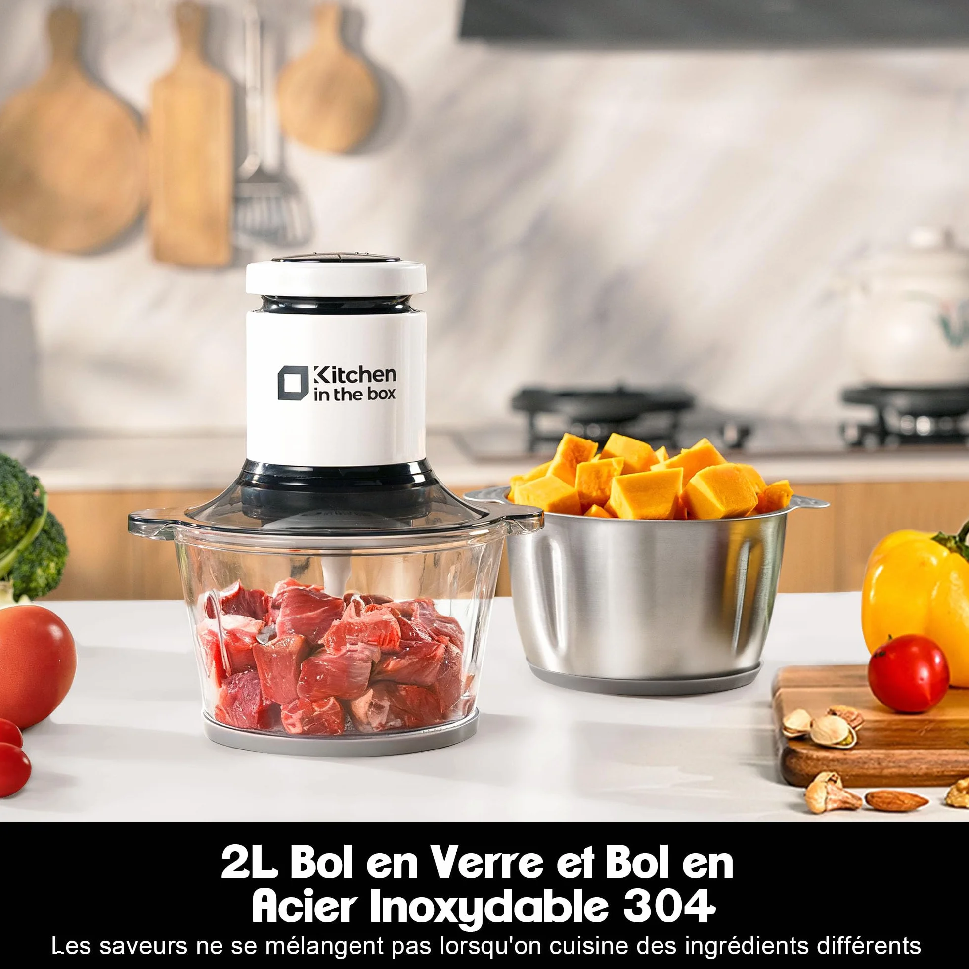 Kitchen in the Box Hachoir Électrique 400W, Hachoir à Viande avec 2 Bols (Verre 2L + Inox 2L), 2 Lames Bi-niveau, Mixeur hachoir, Légumes, Oignons, Fruits，Blanc