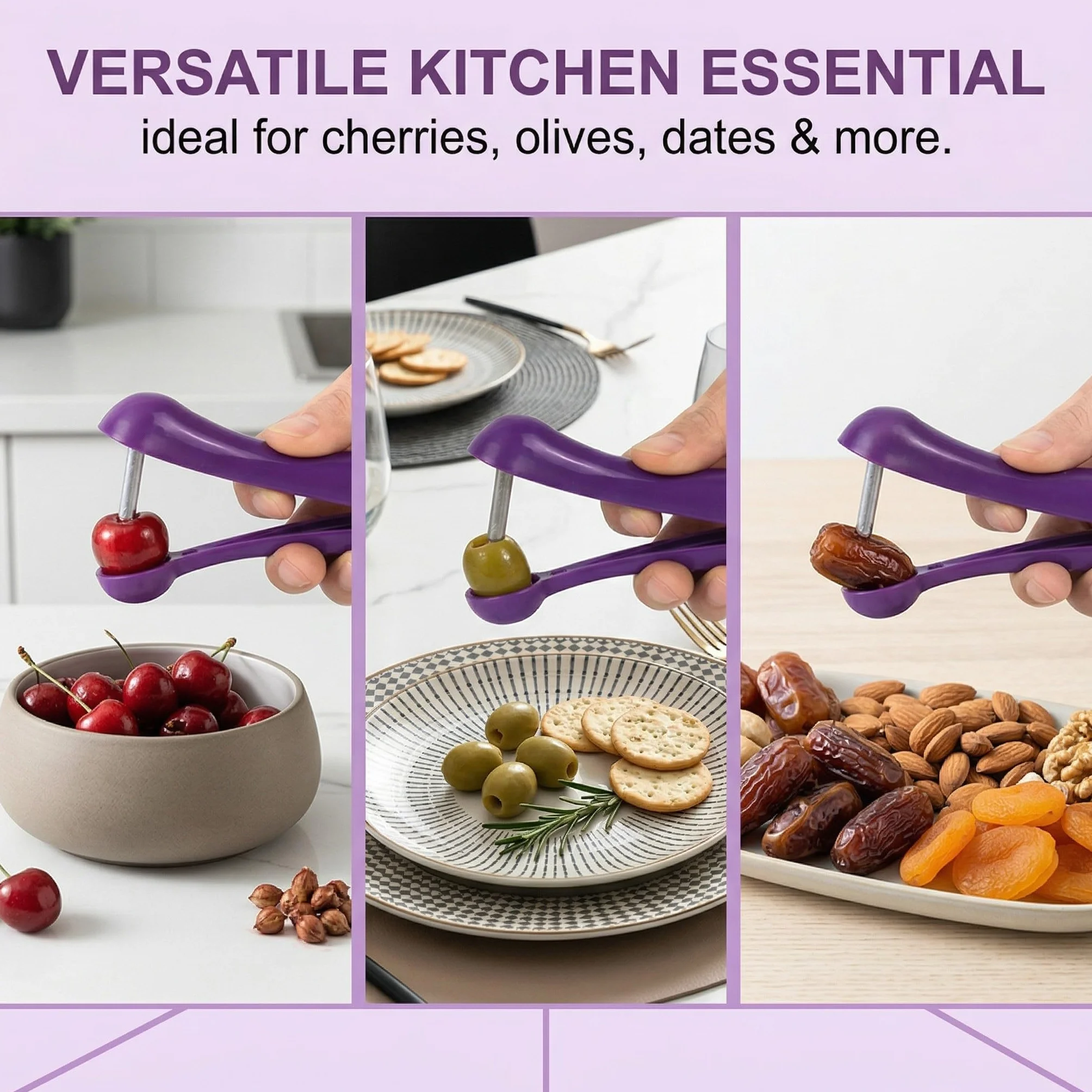 Lot de 3 Dénoyauteurs à Cerises en Acier Inoxydable (Violet), Presse-Noyaux Manuel par Poussoir, Ustensiles de Cuisine Compacts pour Cerises, Olives, Dattes