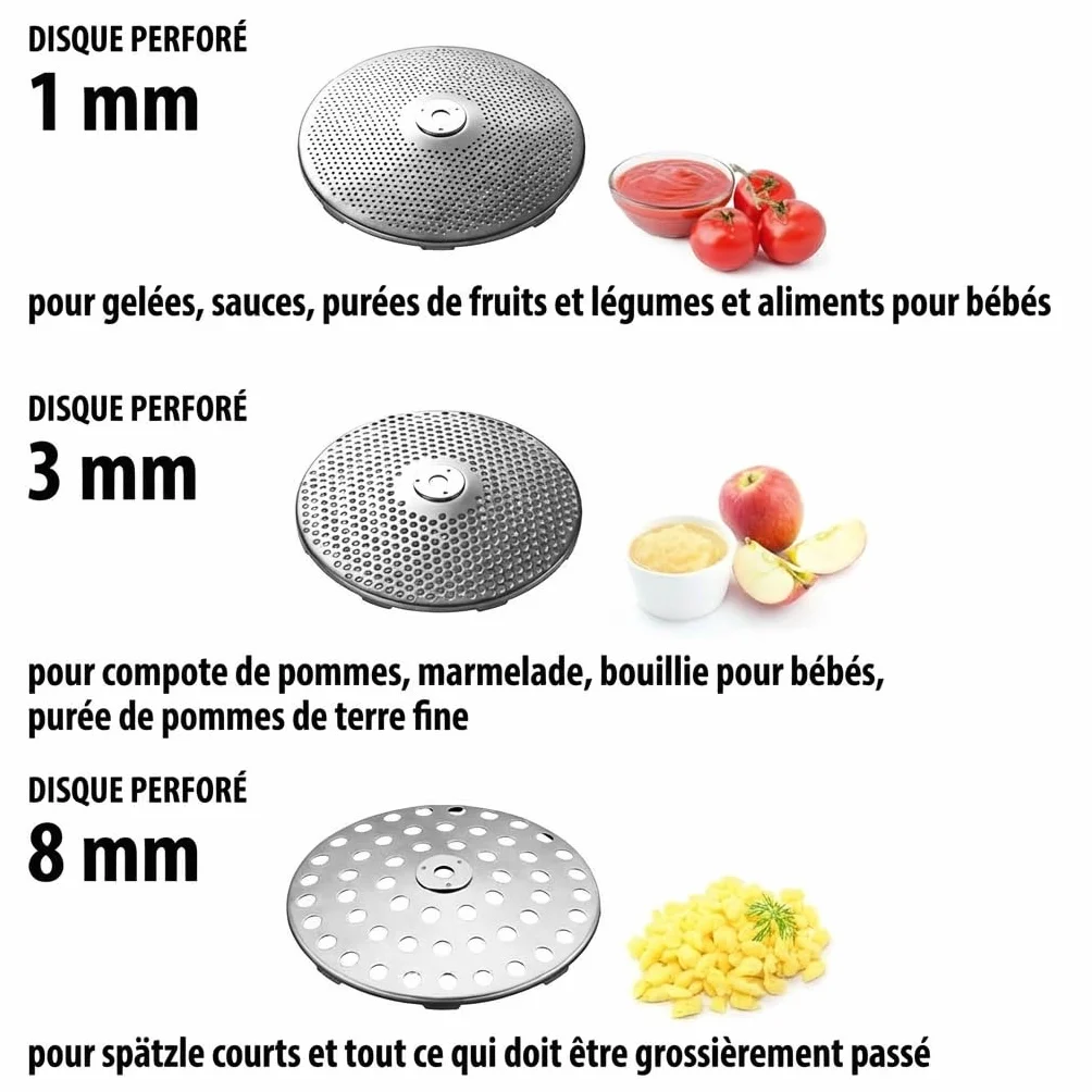 FLOTTE LOTTE® Moulin à légumes 3 disques perforés 1 mm 3 mm 8 mm