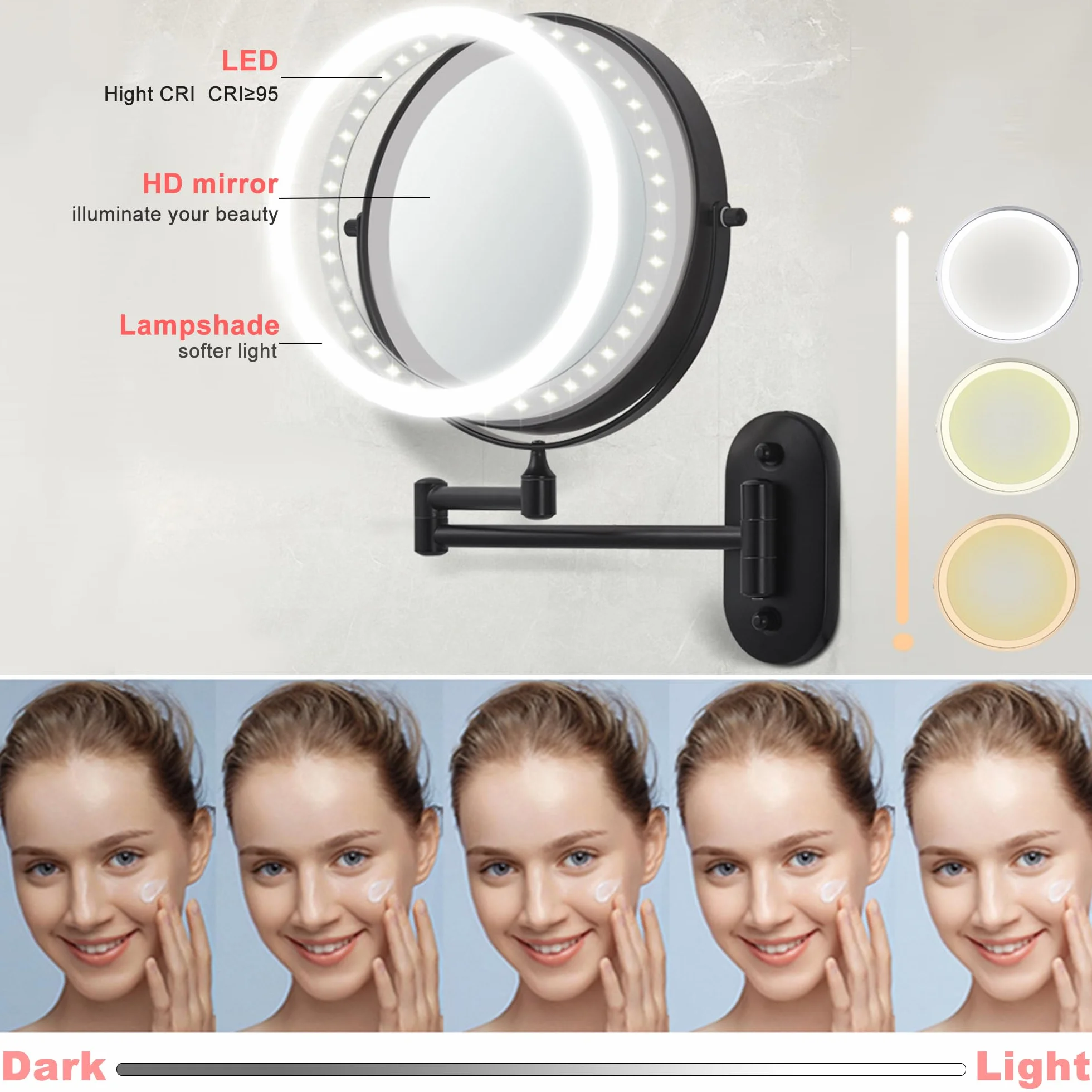 Miroir Grossissant Lumineux De 8" avec LED Grossissant Lumineux Mural X 10 pour Coiffeuse D'hôtel, Salle De Bain Et Rasage Rechargeable par USB,Miroir Mural Salle De Bain (noir-10X)