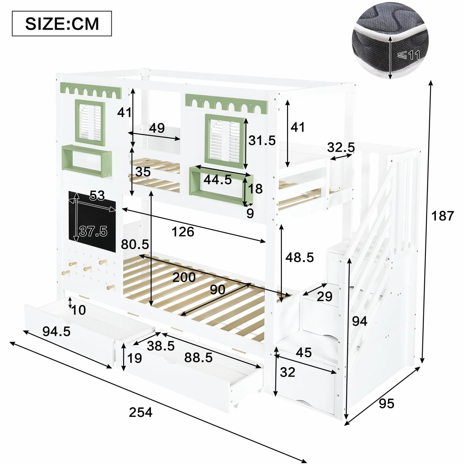 Sweiko Lit superposé 90 x 200 cm avec 2 tiroirs, lit enfant avec petit tableau noir, panneau d'affichage + 5 crochets en bois, armoire de rangement intégrée sous l'escalier, blanc + vert, sans matelas