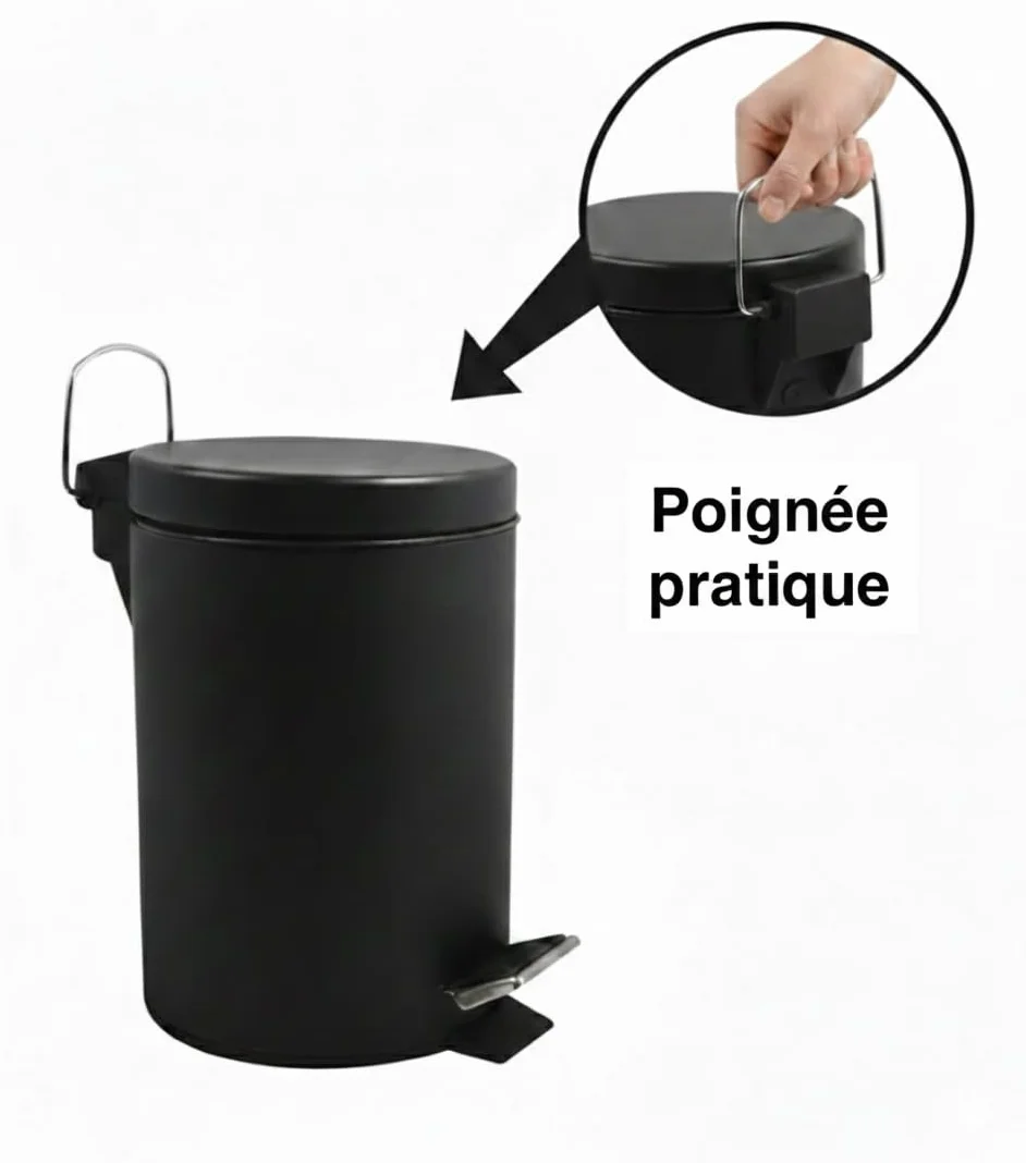 Poubelle Cosmétique Salle de Bain Acier Inoxydable 3L Noir Mat - Poubelle à Pédale Compacte