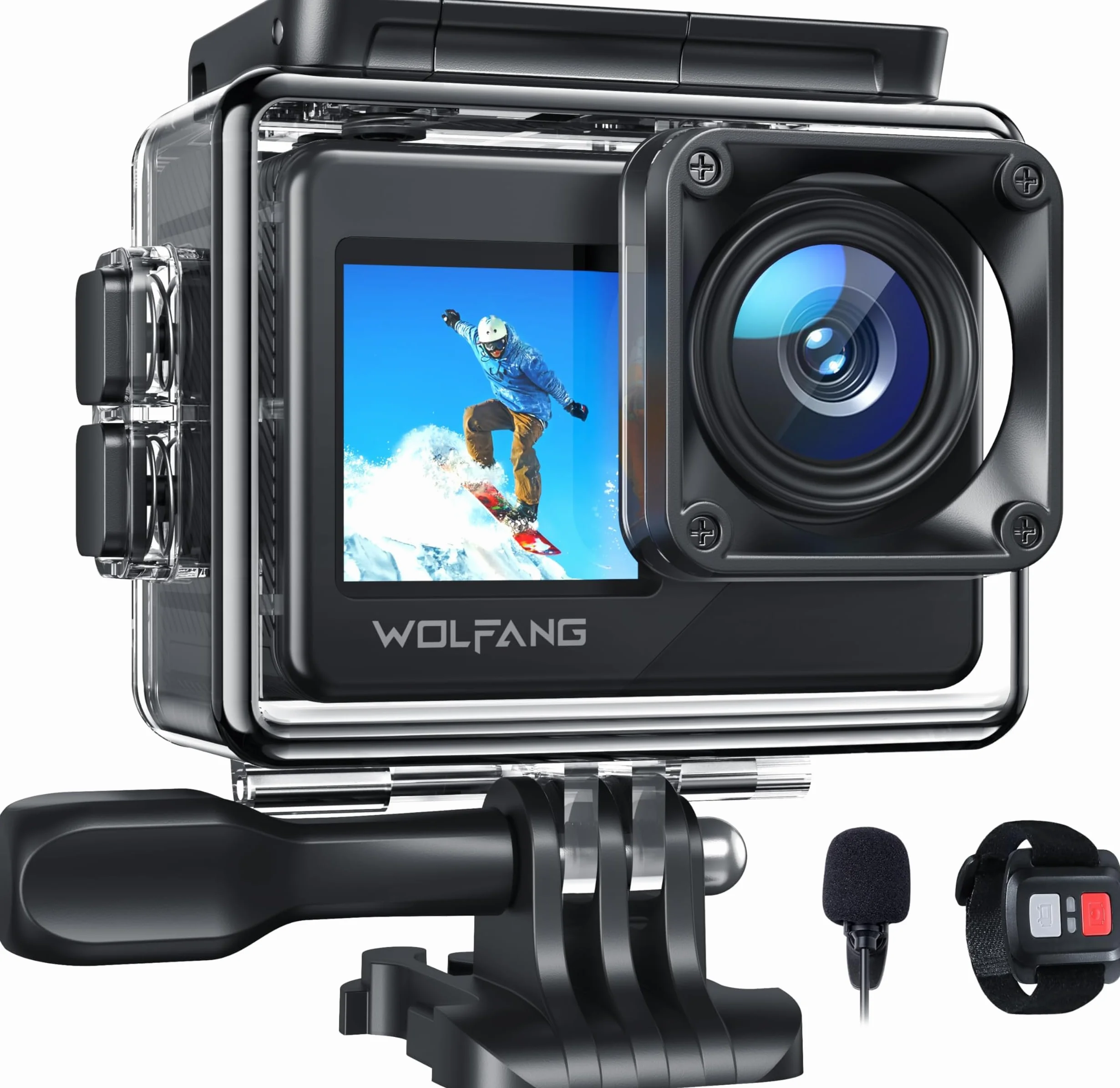WOLFANG GA120 4K kamera sportowa 20 MP, wodoodporna kamera podwodna 40 m do nurkowania, szerokokątna kamera WiFi 170° z podwójnym ekranem do vlogowania z EIS, zewnętrznym mikrofonem, pilotem zdalnego