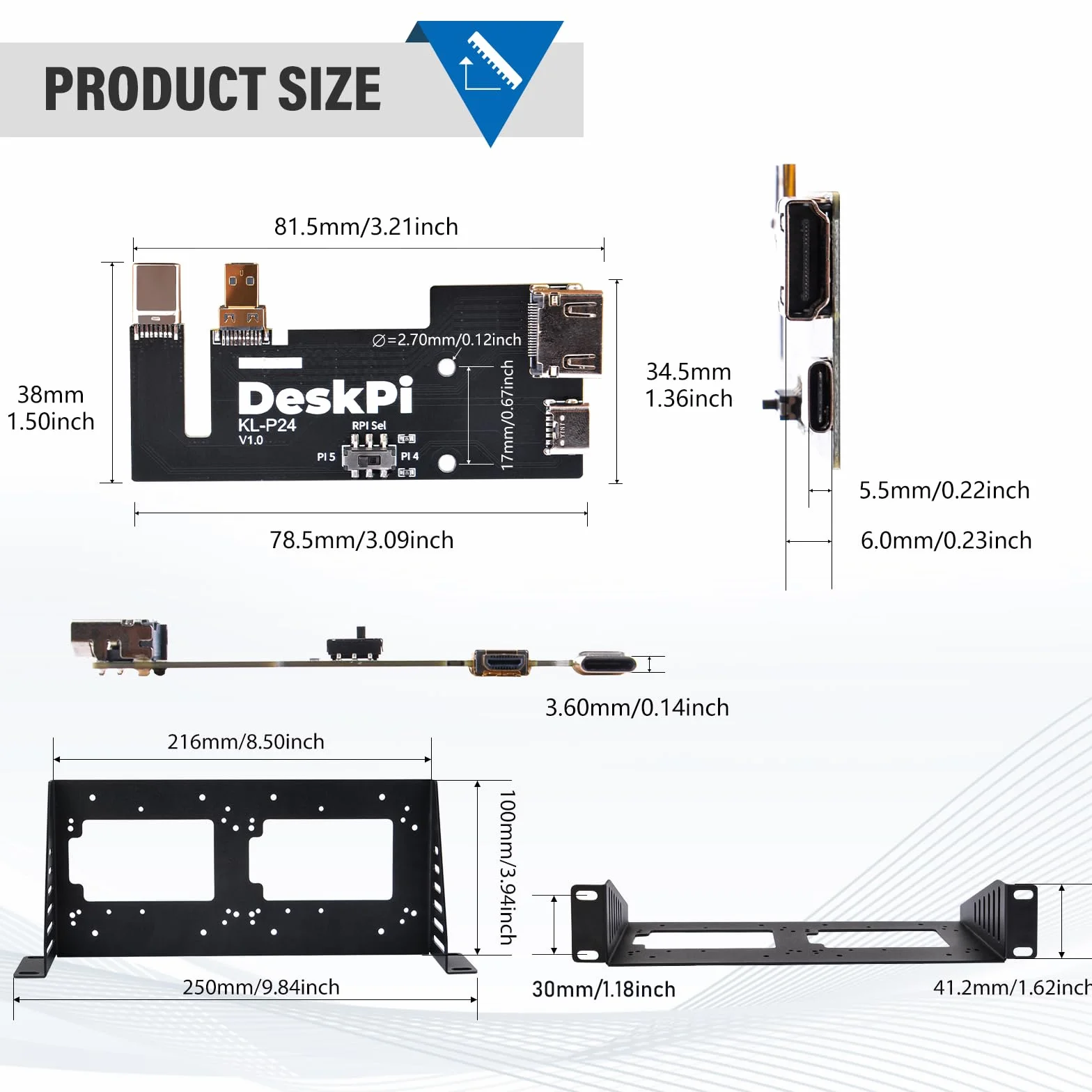 GeeekPi DeskPi RackMate Accessories SBC Shell 10 cali 1U Rack, z 2PCS Micro HDMI do HDMI Adapter Board KL-P24 dla Raspberry Pi 5 / Pi 4B