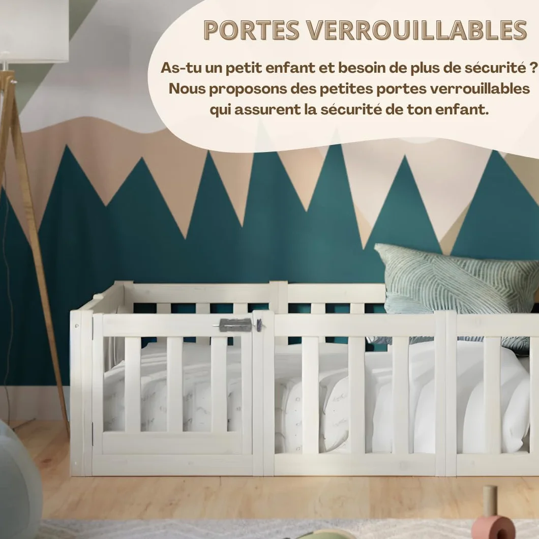 Lit Enfant 180x140 cm – Lit Montessori au Sol avec Barrière 40 cm et Barrière Amovible - Bois Blanc avec Surface Lisse - Parfait pour Garçons et Filles Crazy Johnny