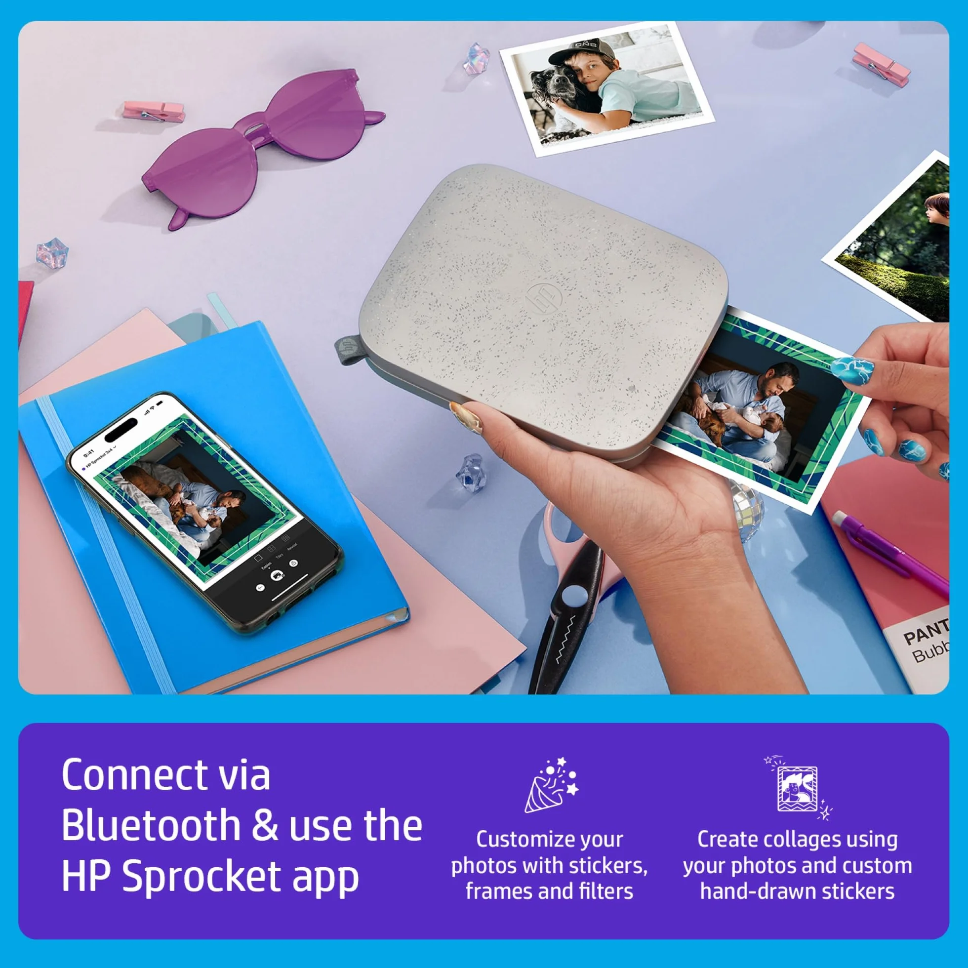 HP Sprocket Natychmiastowa drukarka fotograficzna 3x4 — bezprzewodowo drukuj zdjęcia 3,5x4,25 cala na papierze Zink z urządzeń z systemem iOS i Android