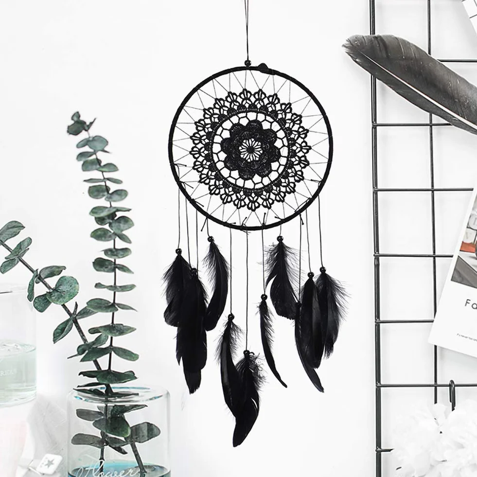 Joyzan Attrape Rêves Fait à la Main Arbre de Vie Plumes Murale Cadeau Coton Naturel Noir Art Décor Mural