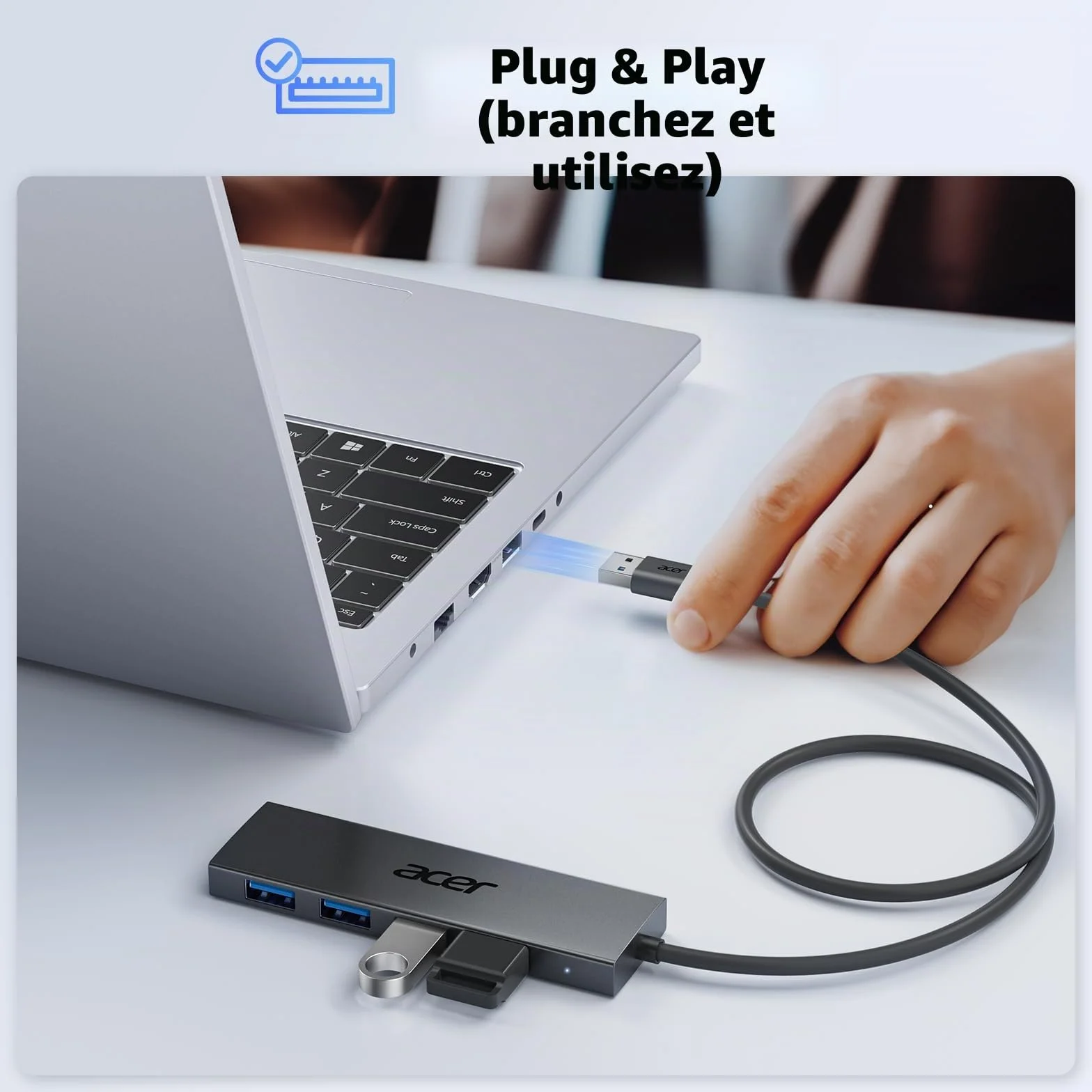 Acer Hub USB 3.0 4 Ports Adaptateur Multiport USB pour PC MacBook Air iMac Surface Pro XPS PS4 (60cm)